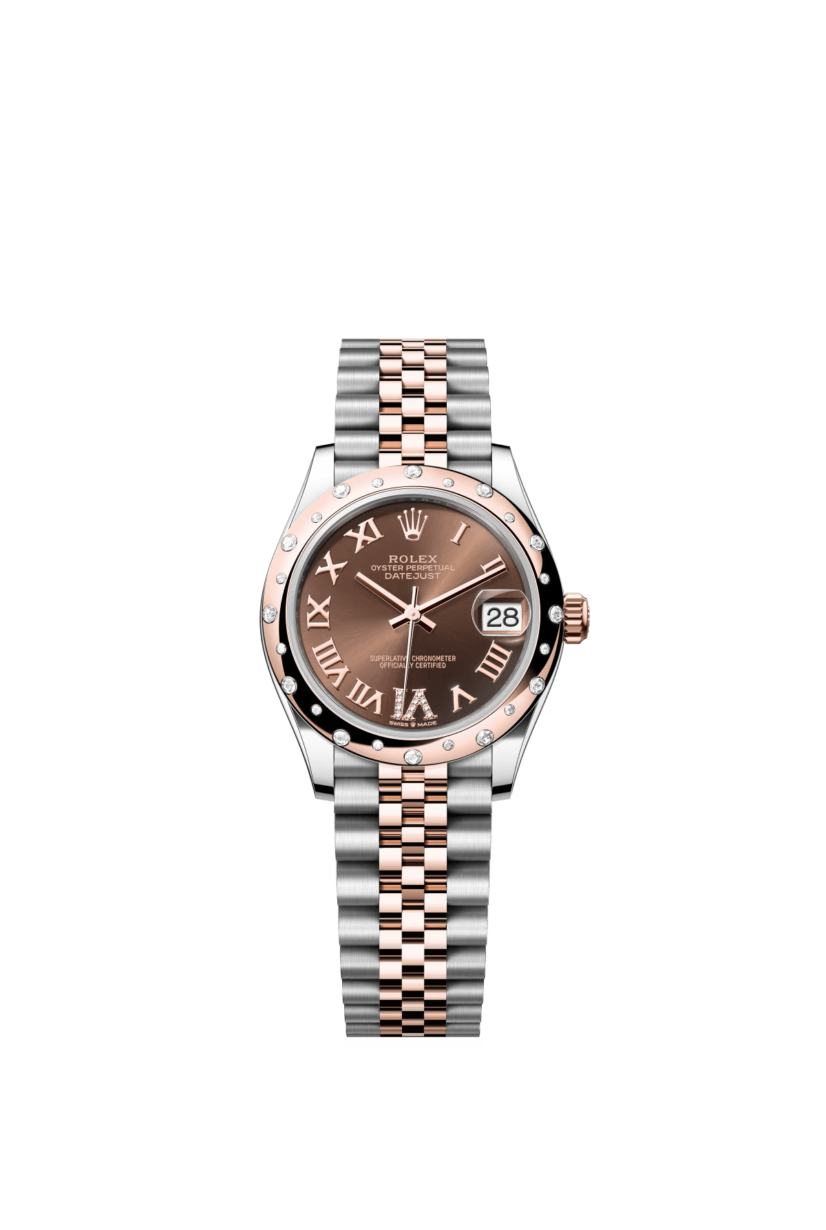 The Oyster Perpetual Datejust 31 is available in Everose gold and Oystersteel with a chocolate-coloured diamond-set dial and a Jubilee bracelet. -m278341rbr-0004