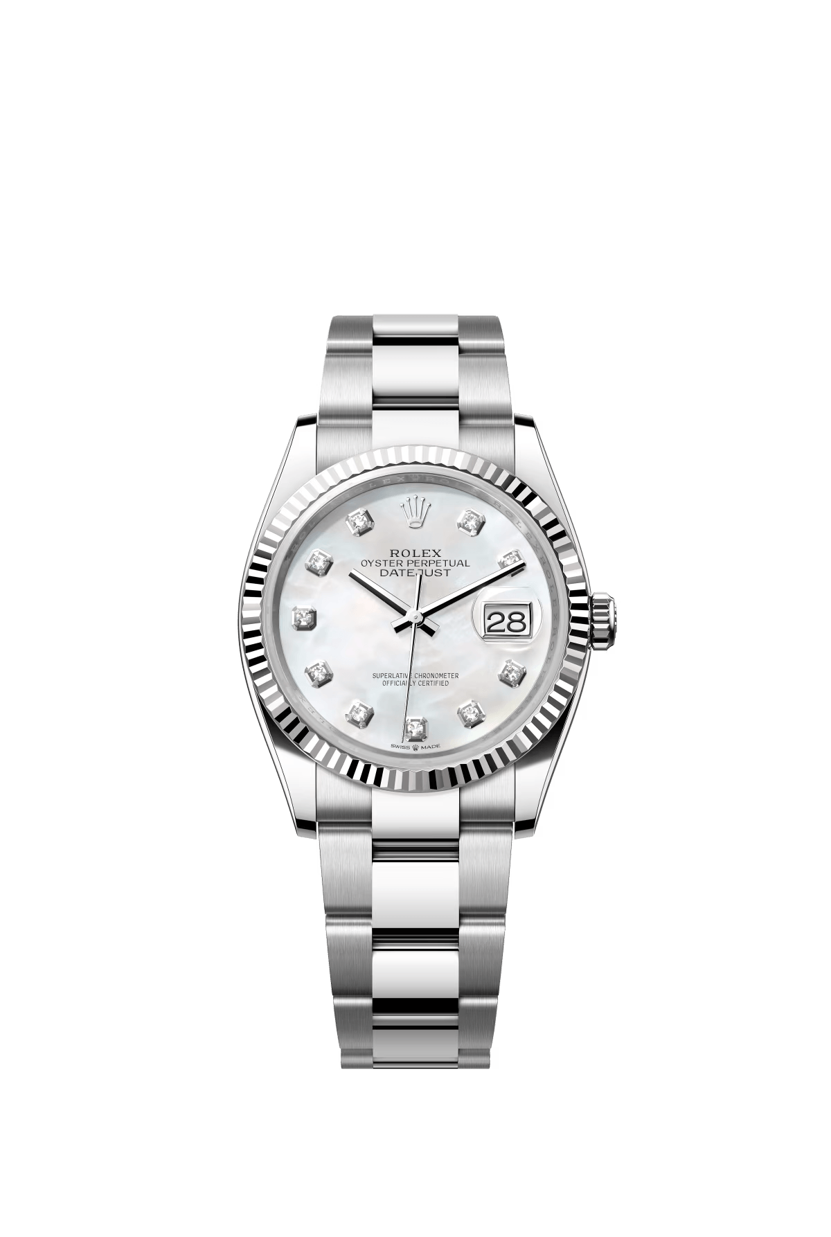 The Oyster Perpetual Datejust 36 is available in white gold and Oystersteel with a diamond-set white mother-of-pearl dial and an Oyster bracelet. -m126234-0020