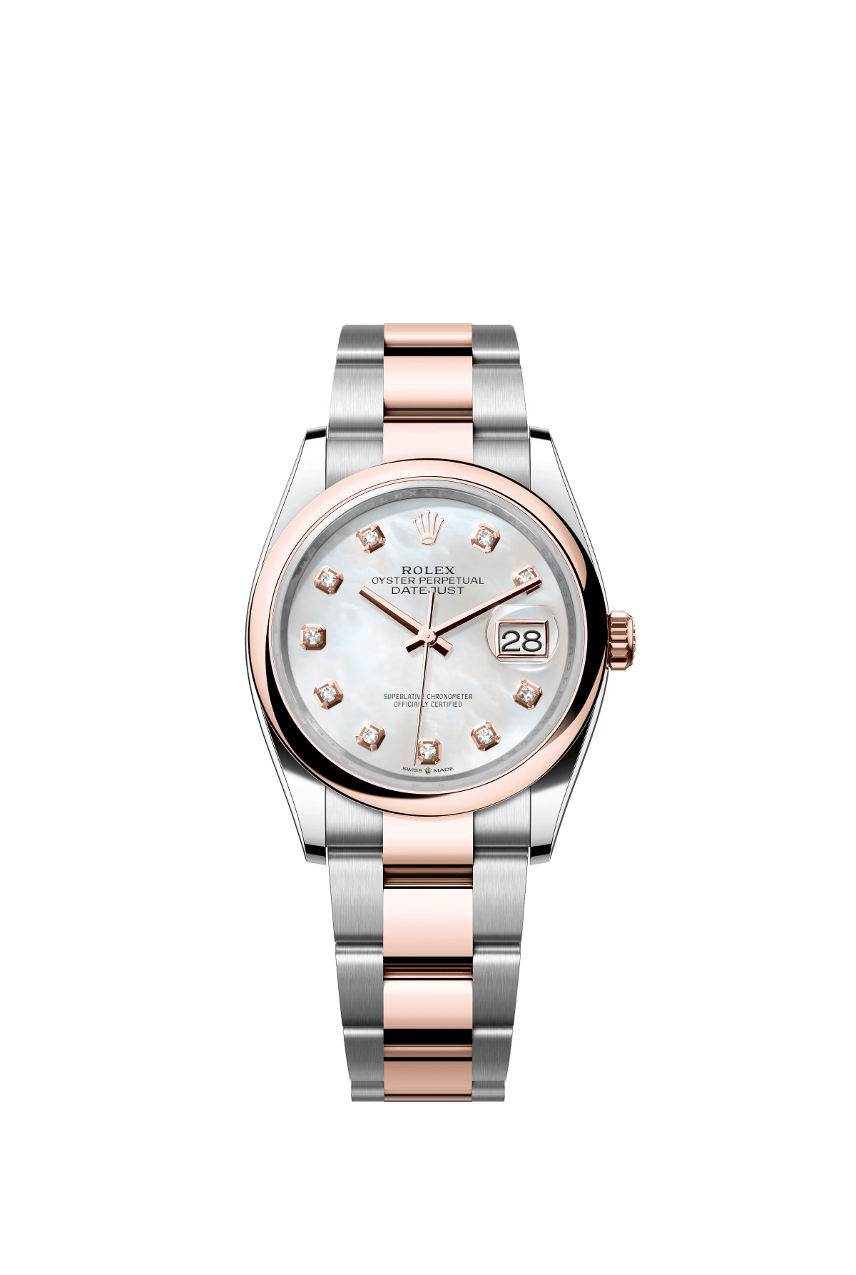 The Oyster Perpetual Datejust 36 is available in Everose gold and Oystersteel, with a diamond-set white mother-of-pearl dial and an Oyster bracelet. -m126201-0022