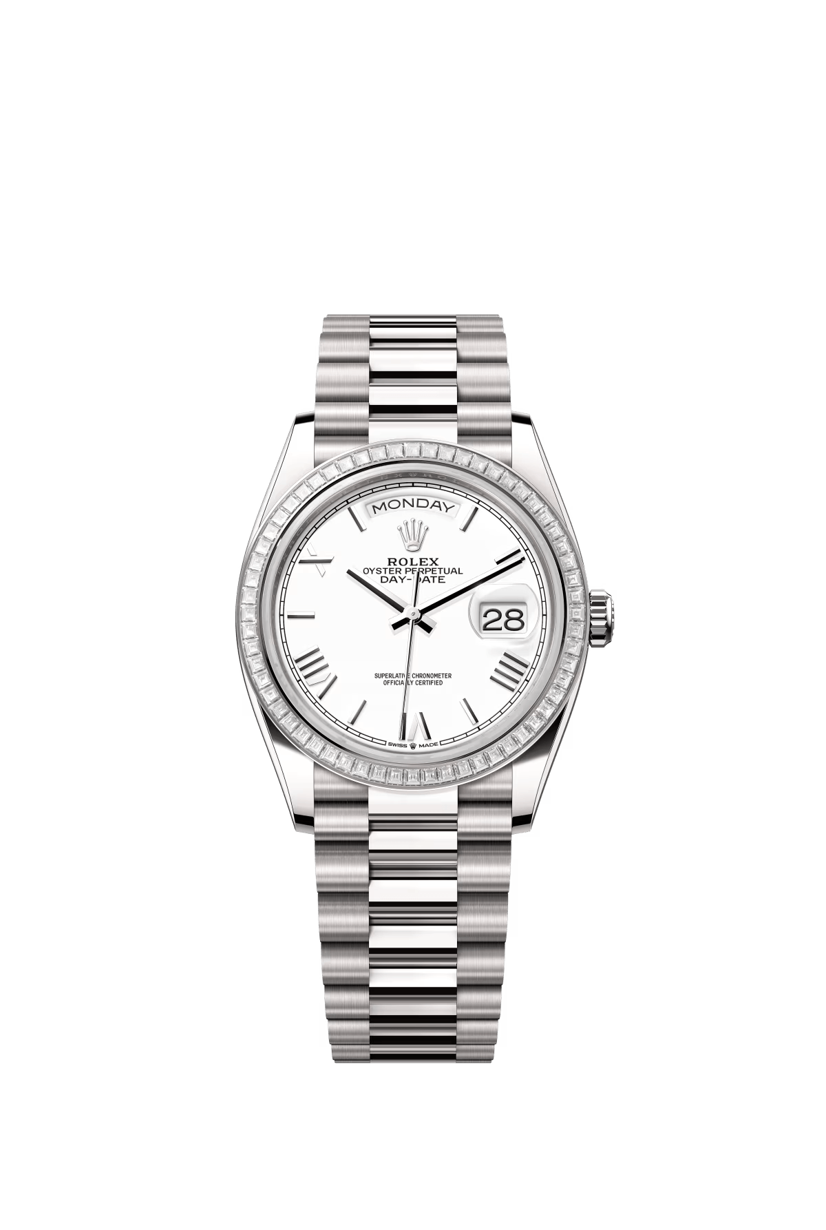 The Oyster Perpetual Day-Date 36 is available in 18 ct white gold with a white dial, diamond-set bezel and President bracelet. -m128399tbr-0019