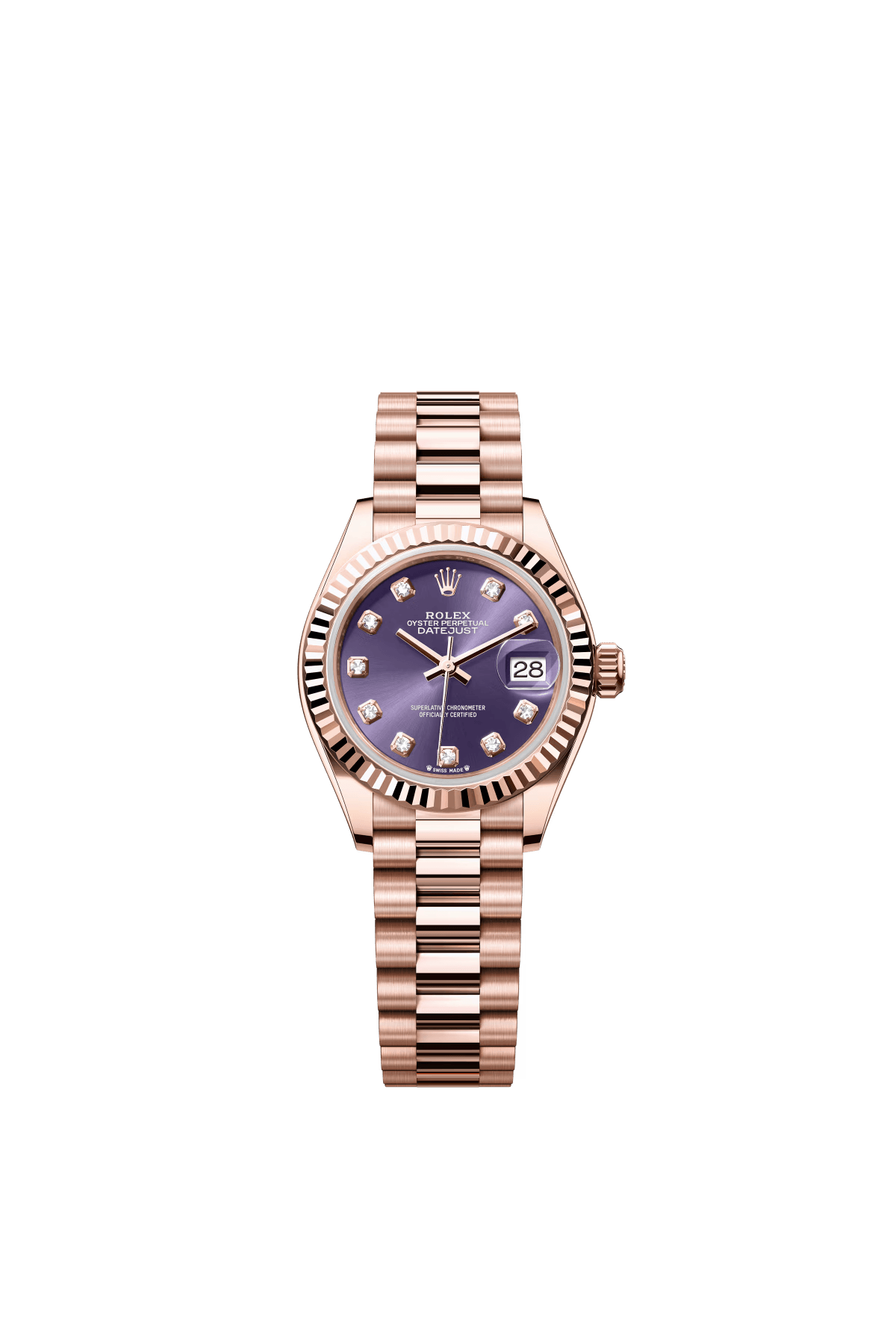 The Oyster Perpetual Lady-Datejust in 18-carat Everose gold with a diamond-set eggplant purple dial and a President bracelet. -m279175-0019 28mm