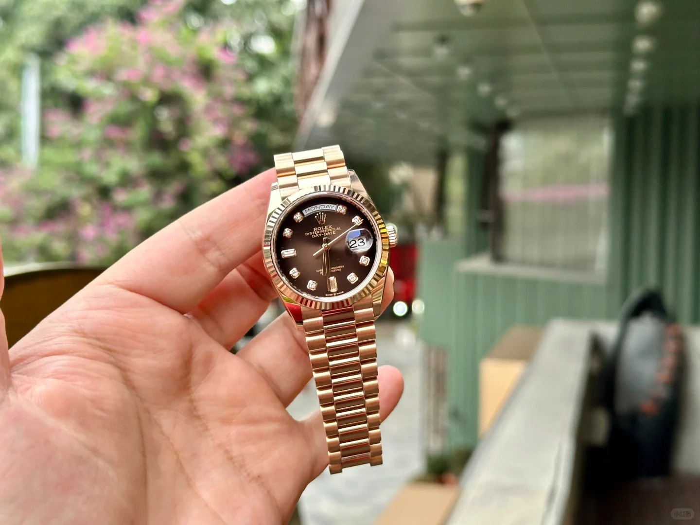 The Oyster Perpetual Day-Date 36 in 18 ct Everose gold with a graduated brown dial, fluted bezel and President bracelet. -m128235-0075