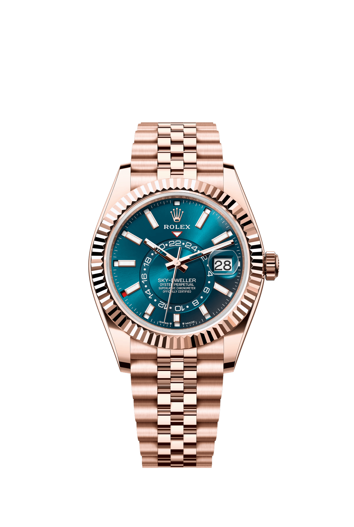 The Oyster Perpetual Sky-Dweller in 18 ct Everose gold with a turquoise dial and a Jubilee bracelet. -m336935-0005 42mm