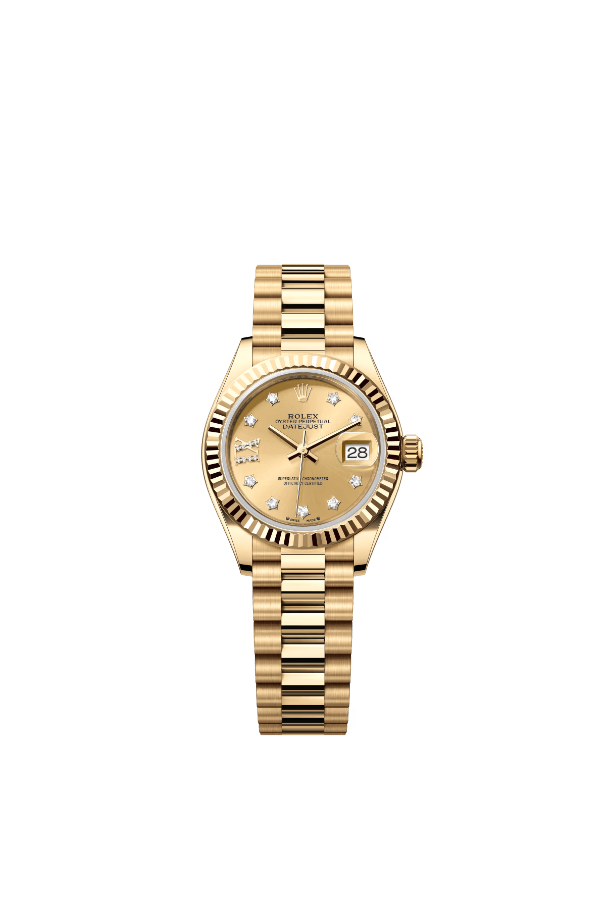 The Oyster Perpetual Lady-Datejust in 18 ct yellow gold with a diamond-set champagne dial and a President bracelet. -m279178-0013 28mm
