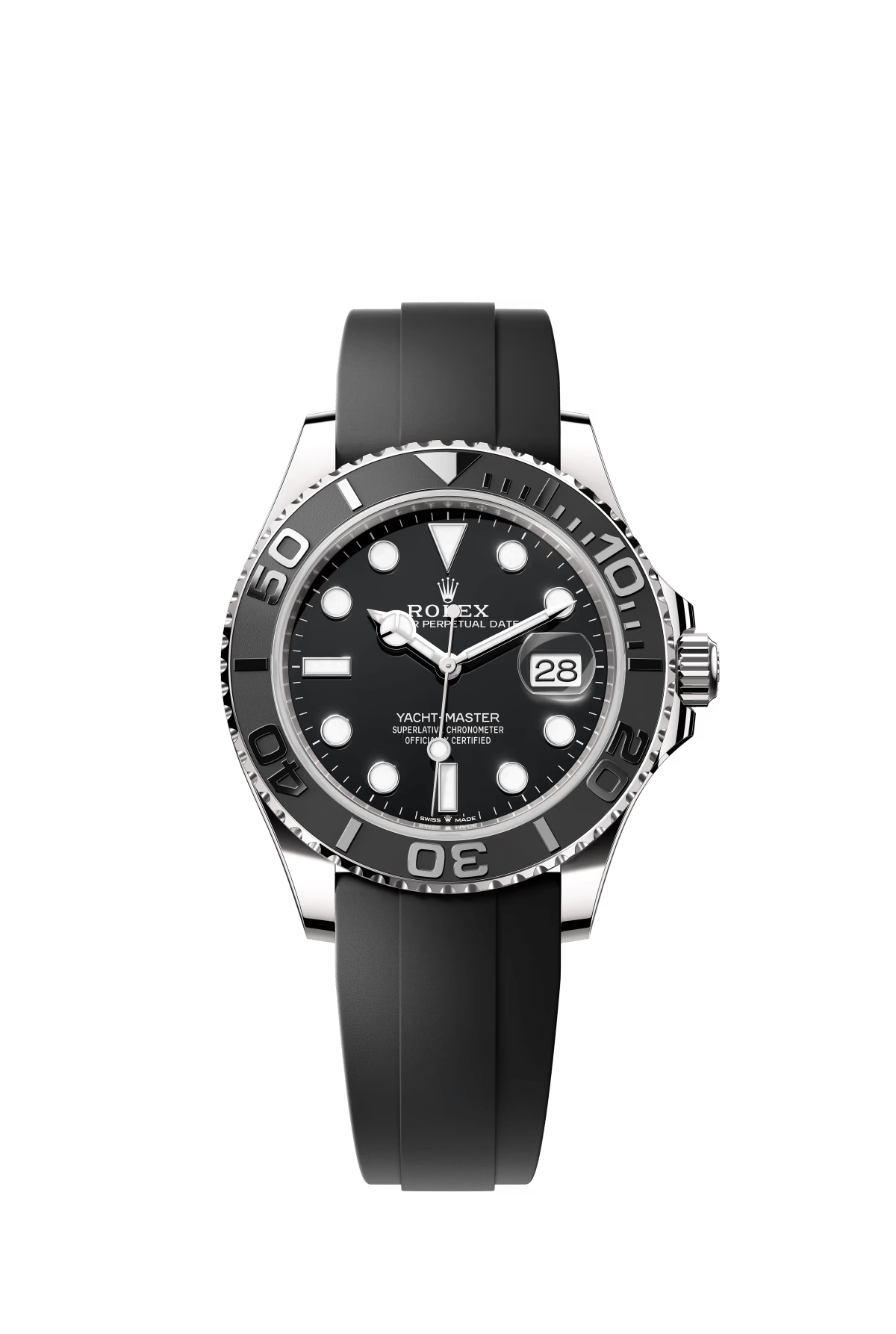 The Oyster Perpetual Yacht-Master 42 is available in 18 ct white gold with a black dial and an Oysterflex bracelet. -m226659-0002