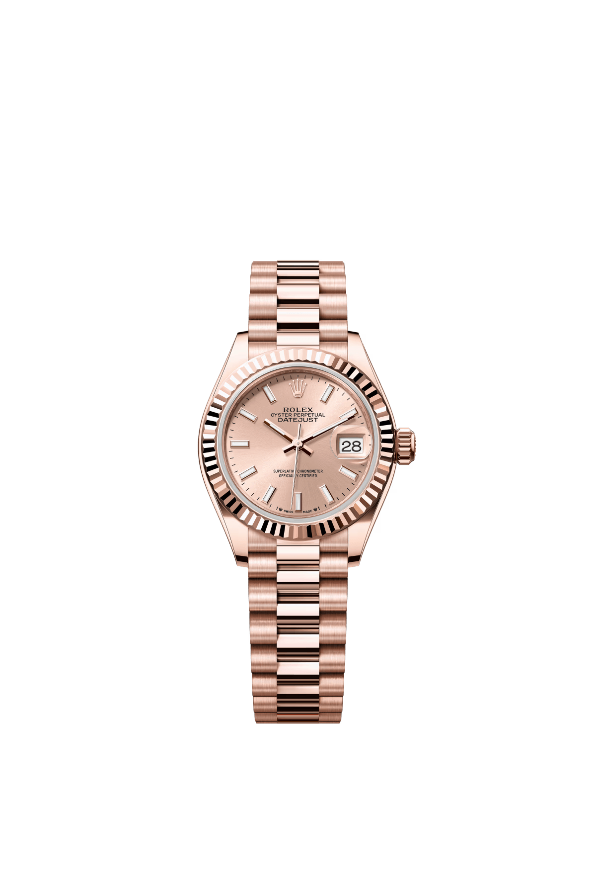 The Oyster Perpetual Lady-Datejust in 18-carat Everose gold with a rose gold-tone dial and President bracelet. -m279175-0025 28mm
