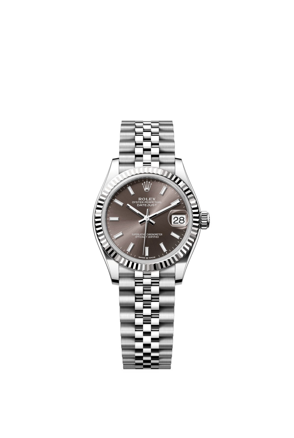 The Oyster Perpetual Datejust 31 is available in white gold and Oystersteel with a dark grey dial and a Jubilee bracelet. -m278274-0016