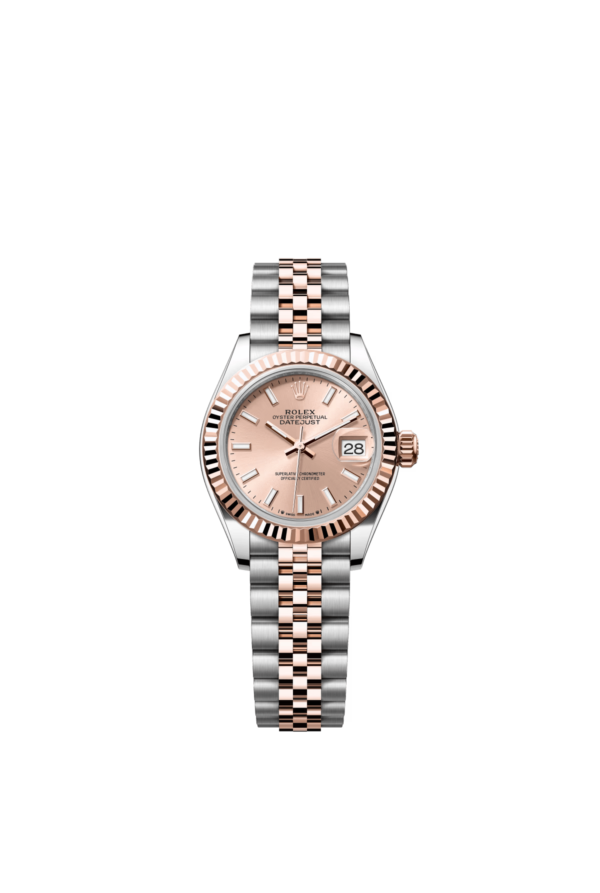 The Oyster Perpetual Lady-Datejust is available in Everose gold and Oystersteel with a rose gold-tone dial and a Jubilee bracelet. -m279171-0023 28mm