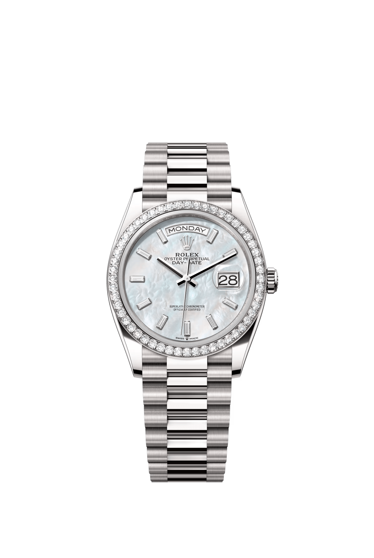 The Oyster Perpetual Day-Date 36 is available in 18 ct white yellow gold with a diamond-set white mother-of-pearl dial, a diamond-set bezel and a President bracelet. -m128349rbr-0049