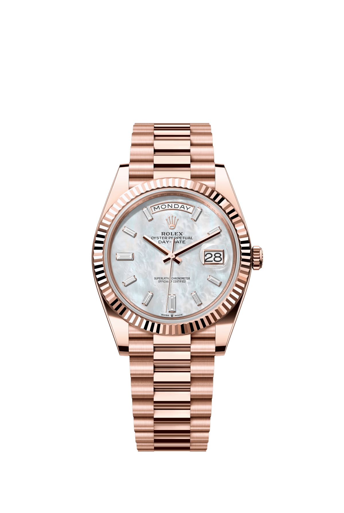 The Oyster Perpetual Day-Date 40 in 18 ct Everose gold features a diamond-set white mother-of-pearl dial, fluted bezel and President bracelet. -m228235-0056