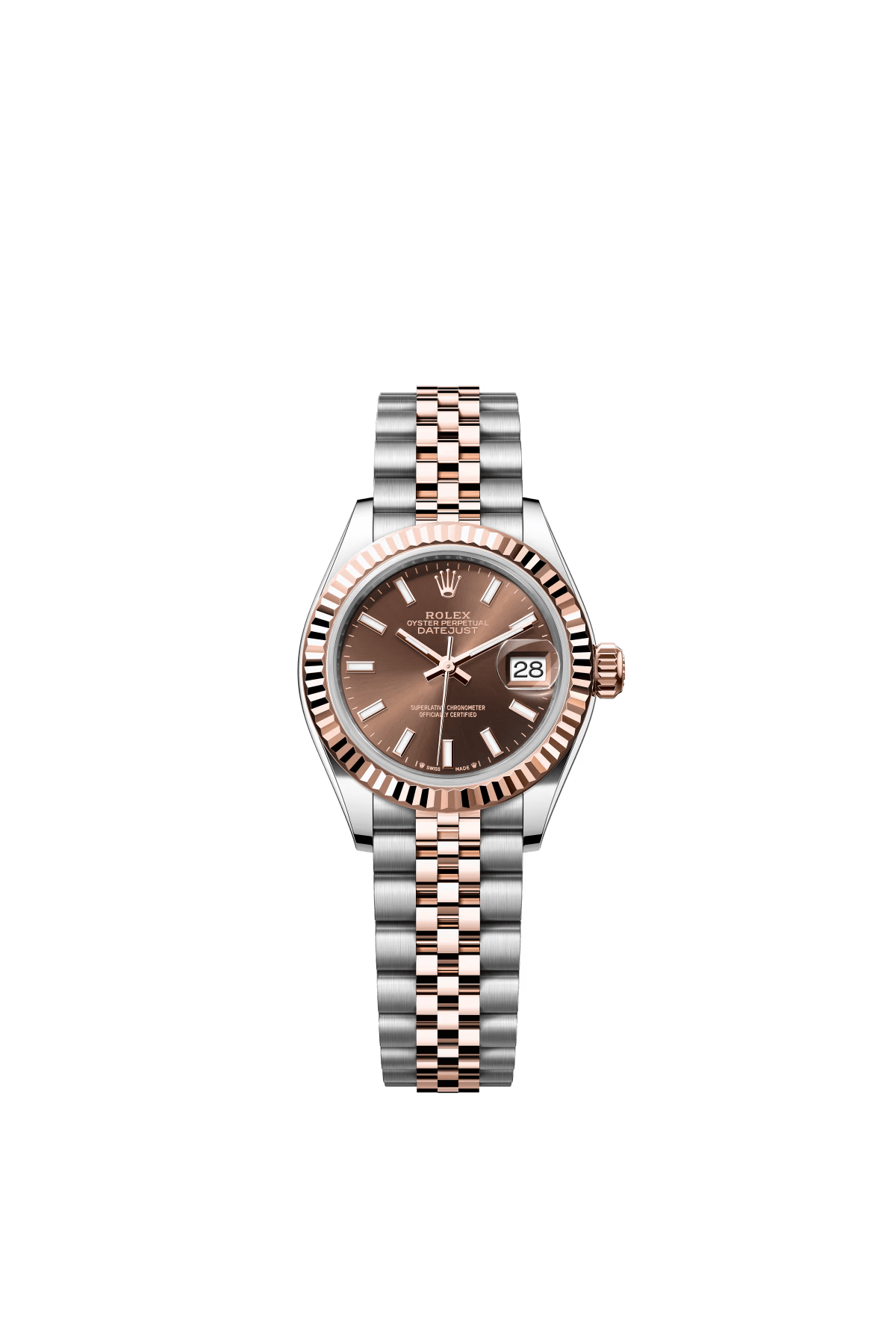 The Oyster Perpetual Lady-Datejust is available in Everose gold and Oystersteel with a chocolate-coloured dial and a Jubilee bracelet. -m279171-0017 28mm