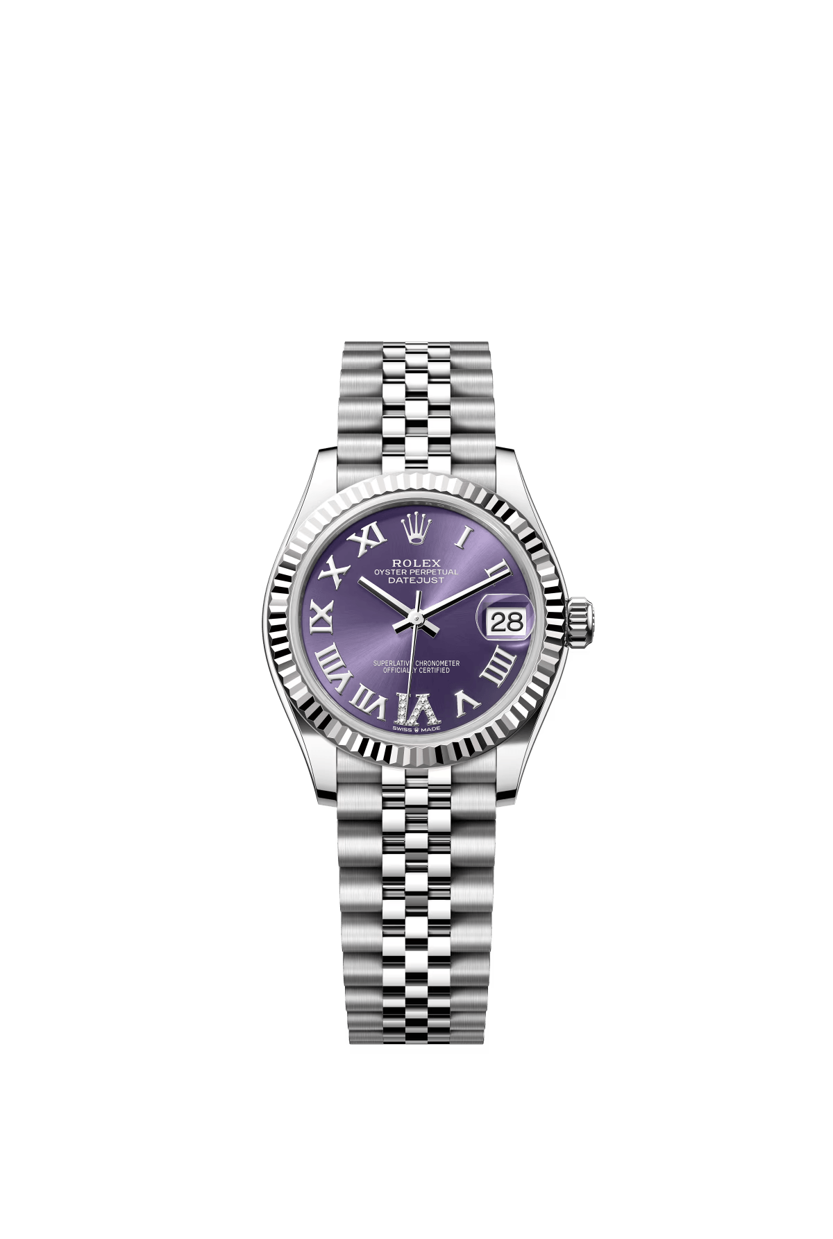 The Oyster Perpetual Datejust 31 is available in white gold and Oystersteel with a diamond-set eggplant purple dial and a Jubilee bracelet. -m278274-0026
