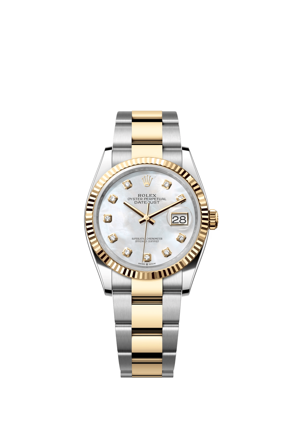The Oyster Perpetual Datejust 36 is available in yellow gold and Oysteel, with a diamond-set white mother-of-pearl dial and an Oyster bracelet. -m126233-0024
