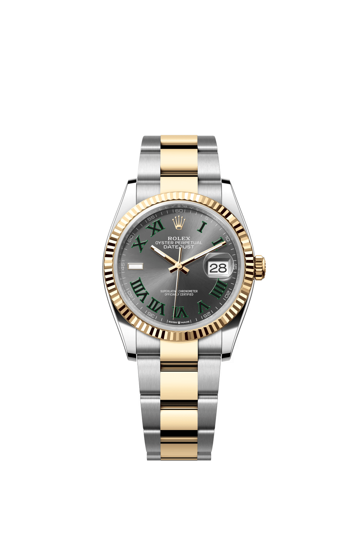 The Oyster Perpetual Datejust 36 in yellow gold and Oystersteel with a slate grey dial and an Oyster bracelet. -m126233-0036
