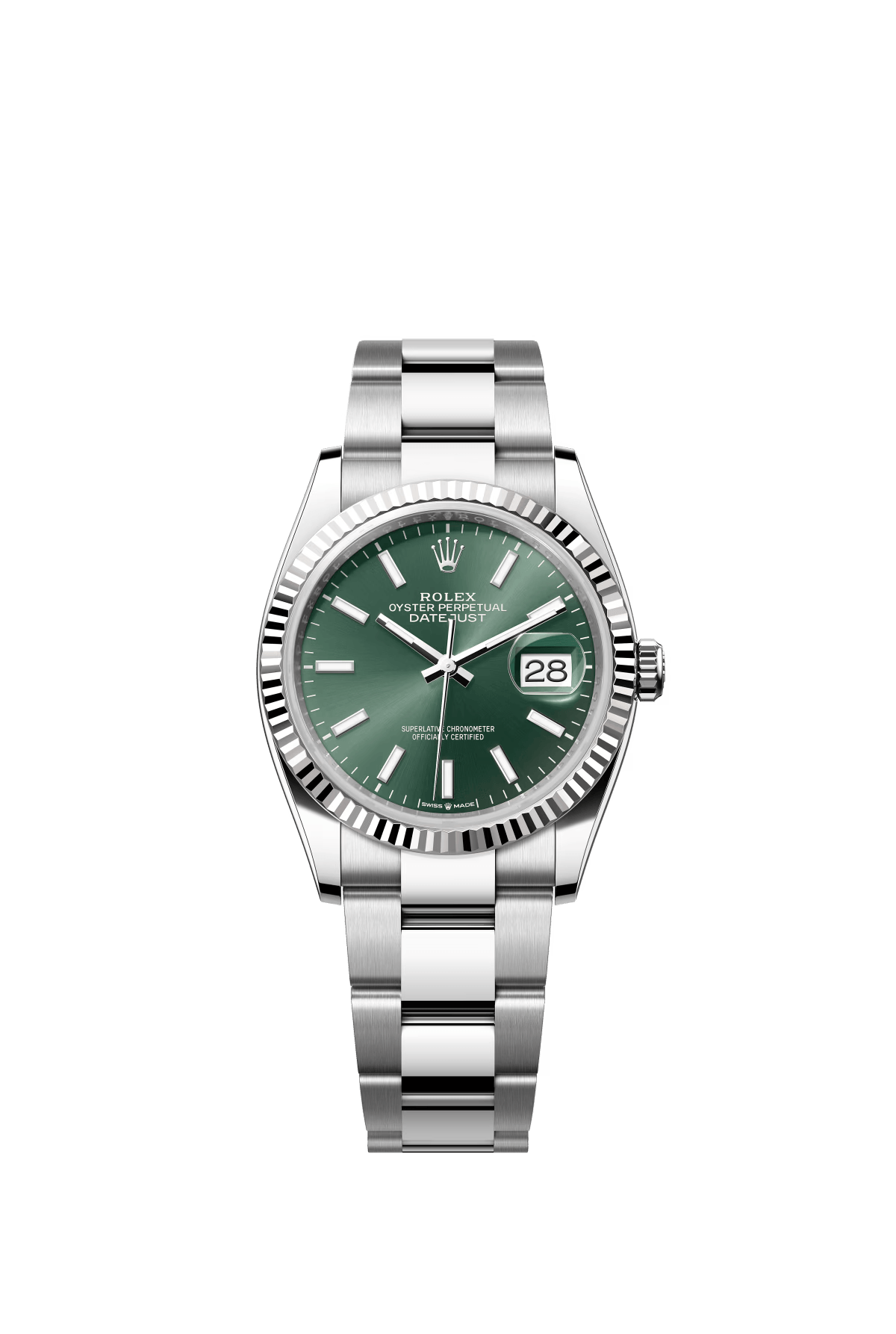 The Oyster Perpetual Datejust 36 is available in white gold and Oysteel, with a mint green dial and an Oyster bracelet. -m126234-0052
