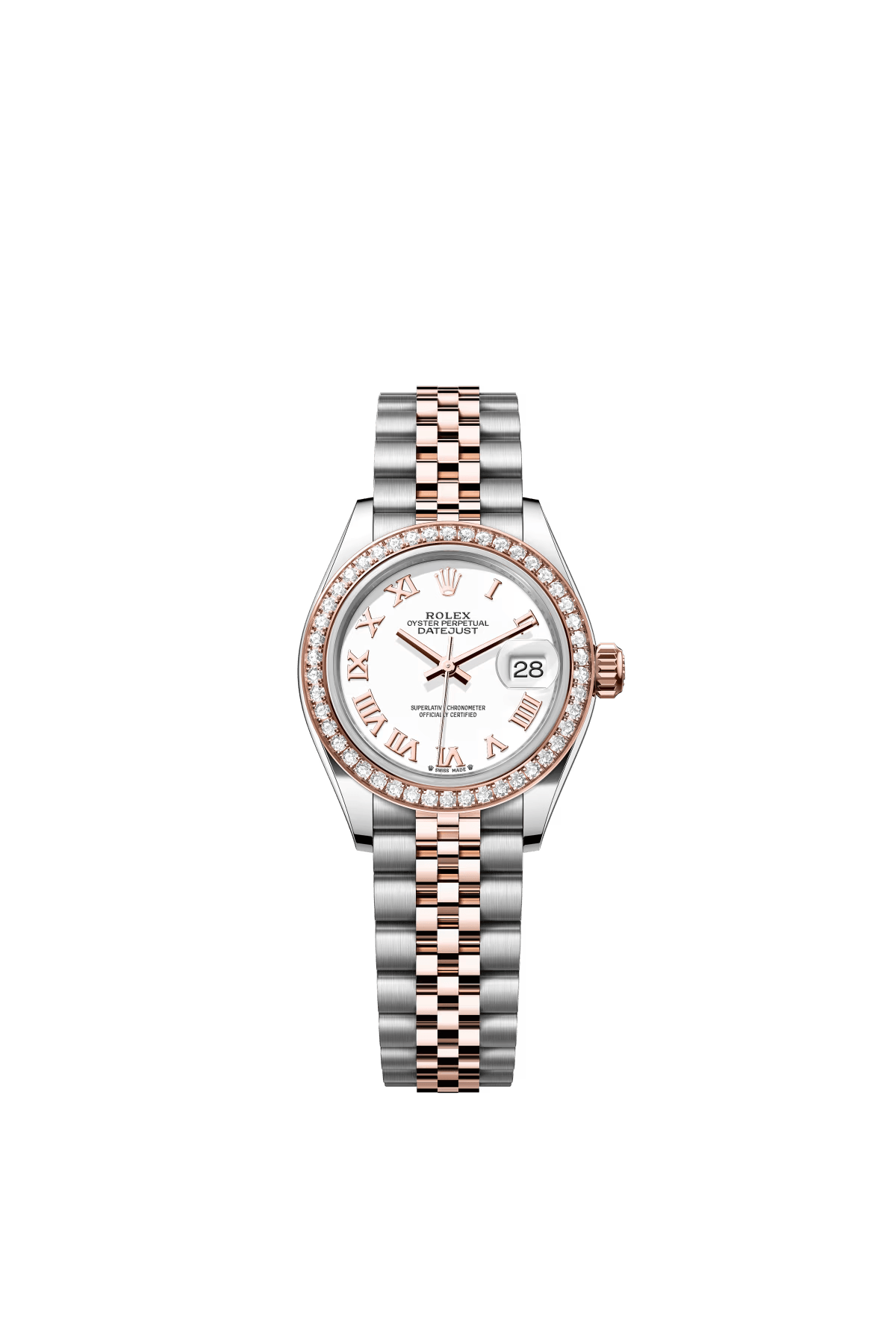 The Oyster Perpetual Lady-Datejust is available in Everose gold and Oystersteel with a white dial and a Jubilee bracelet. -m279381rbr-0021 28mm