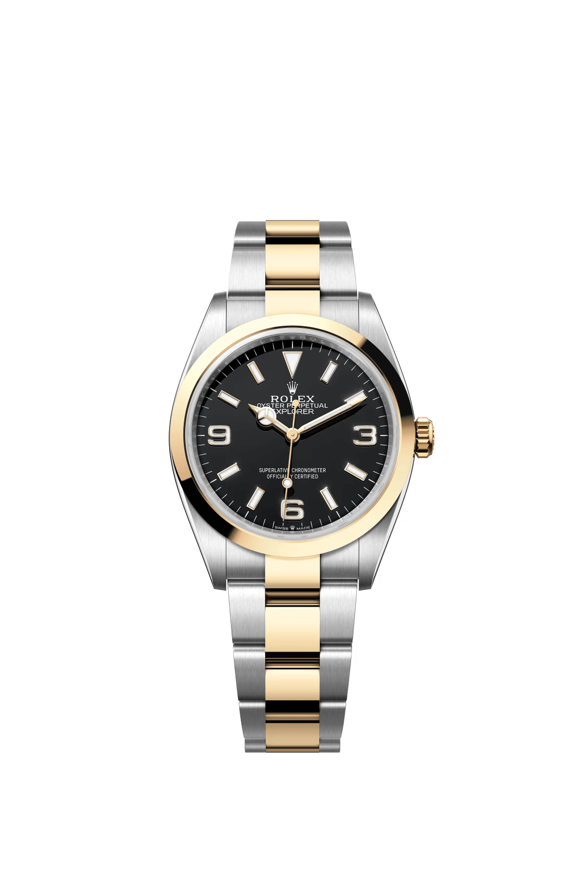 The Oyster Perpetual Explorer 36 is available in yellow gold and Oystersteel with a distinctive black dial featuring Chromalight numerals 3, 6 and 9. -m124273-0001