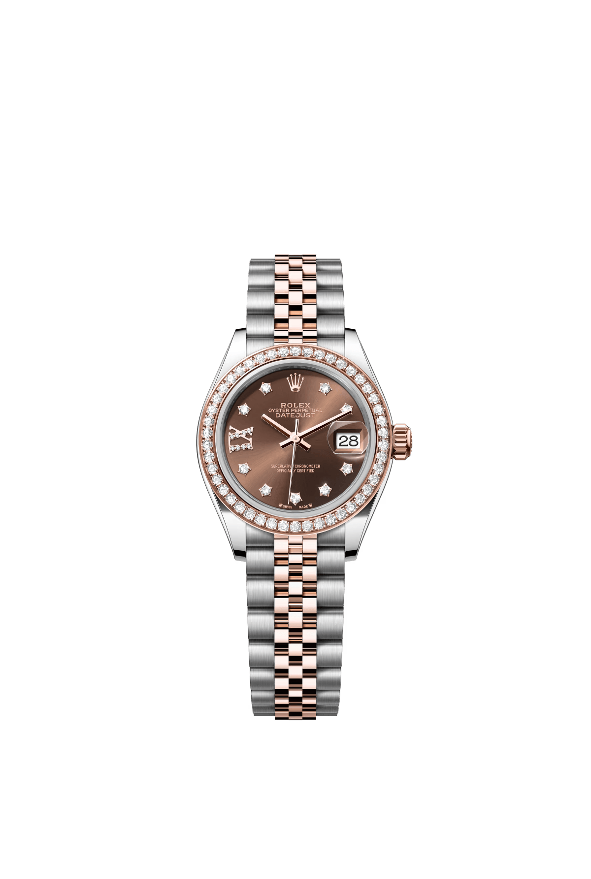 The Oyster Perpetual Lady-Datejust in Everose gold and Oystersteel with a chocolate-coloured diamond-set dial and a Jubilee bracelet. -m279381rbr-0003 28mm