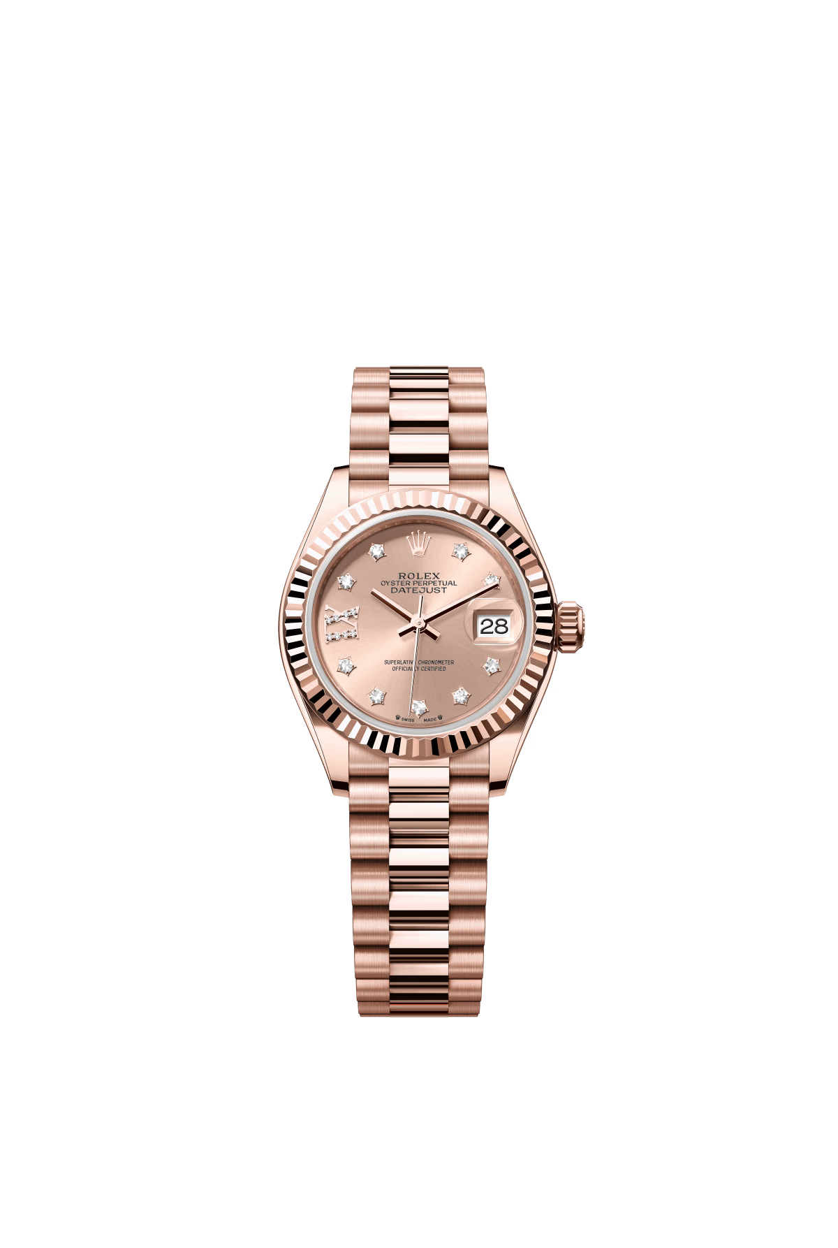 The Oyster Perpetual Lady-Datejust in 18-carat Everose gold with a rose gold-toned diamond-set dial and a President bracelet. -m279175-0029 28mm