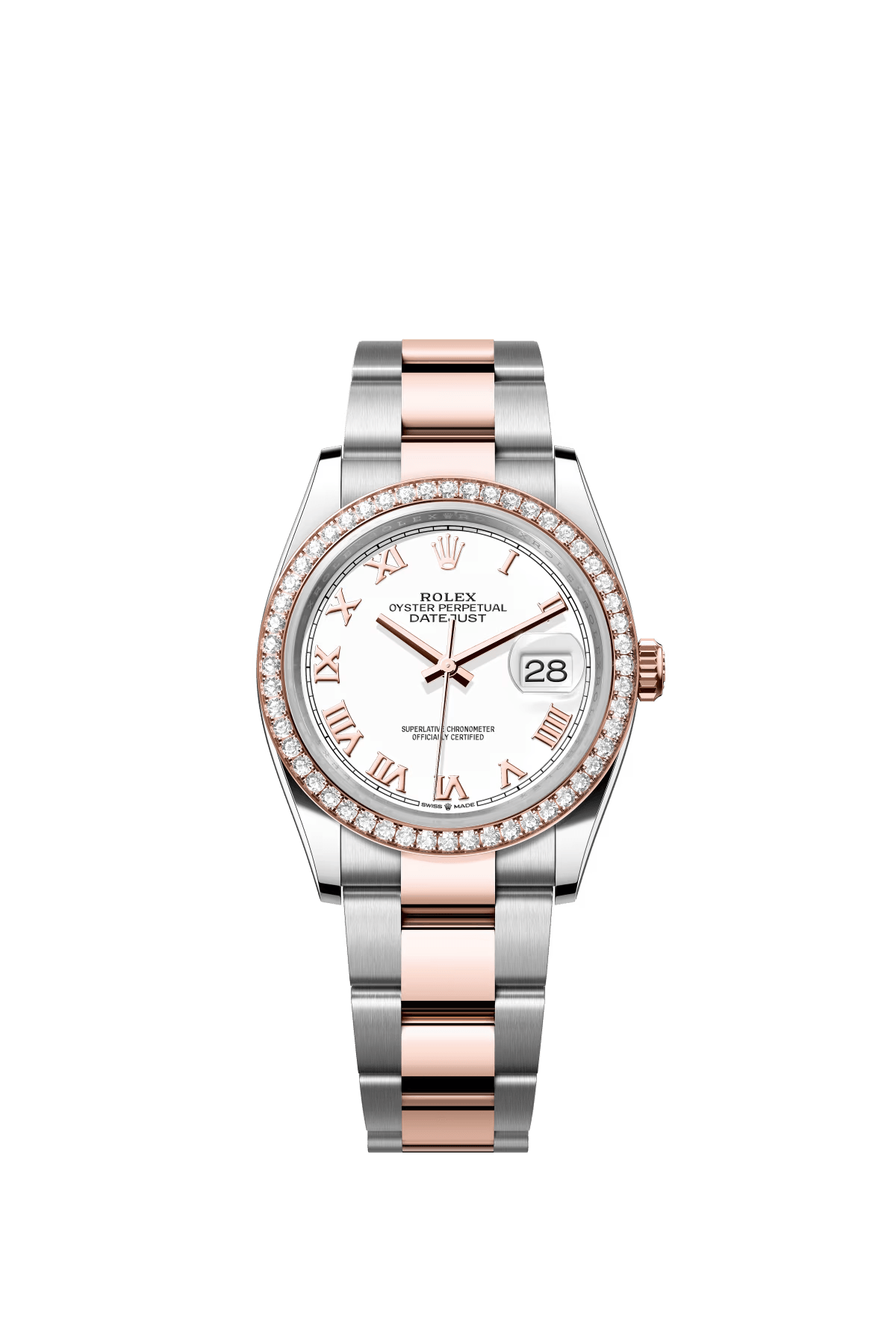 The Oyster Perpetual Datejust 36 is available in Everose gold and Oystersteel, with a white dial and an Oyster bracelet. -m126281rbr-0004