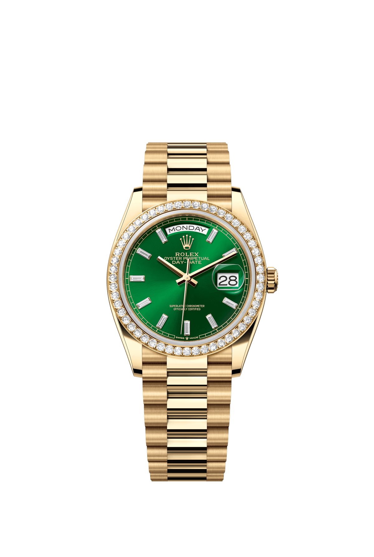 The Oyster Perpetual Day-Date 36 is in 18 ct yellow gold with a brilliant green diamond-set dial, a diamond-set bezel and a President bracelet. -m128348rbr-0078