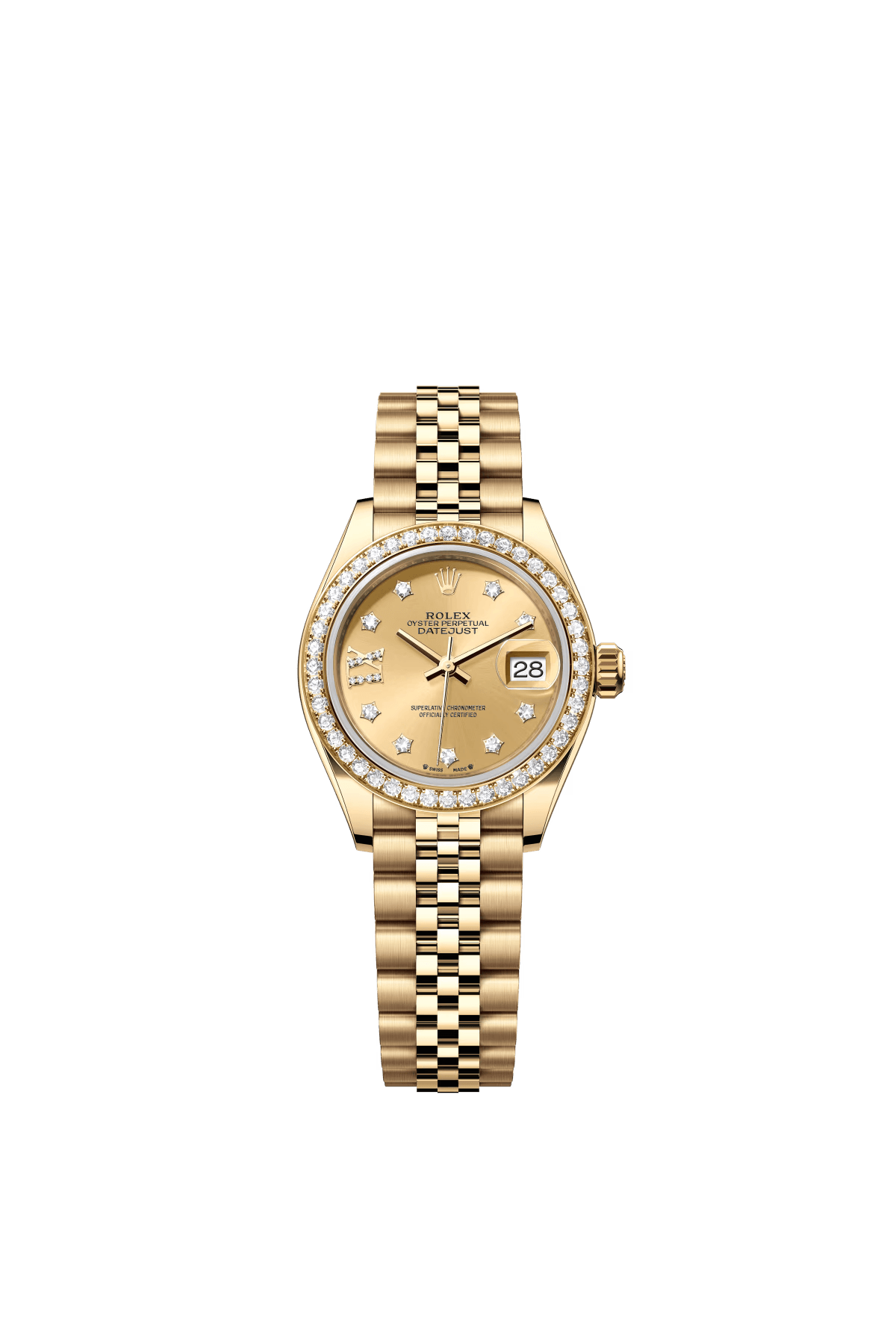 The Oyster Perpetual Lady-Datejust in 18 ct yellow gold with a diamond-set champagne dial and a Jubilee bracelet. -m279138rbr-0007 28mm