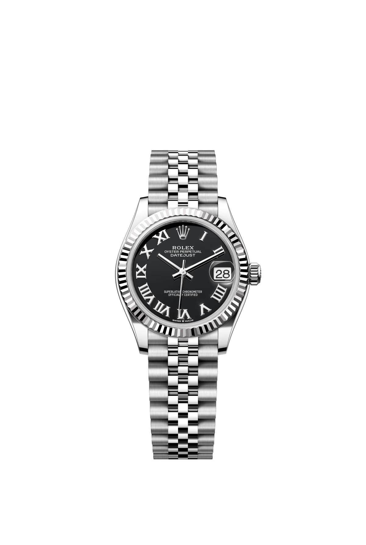 The Oyster Perpetual Datejust 31 is available in white gold and Oystersteel, with a glossy black dial and a Jubilee bracelet. -m278274-0002