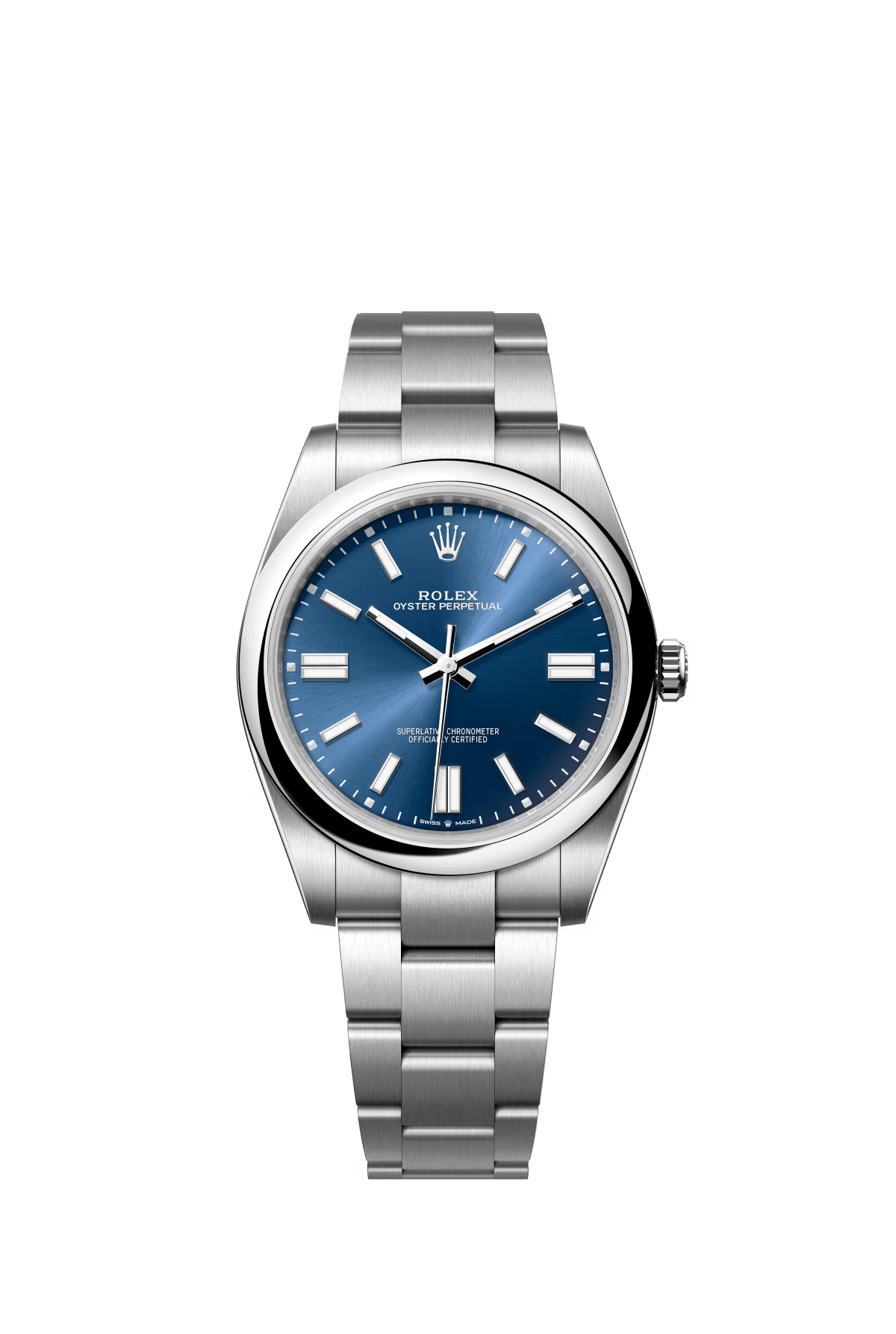 The Oyster Perpetual 41 is presented with a bright blue dial and an Oyster bracelet. -m124300-0003