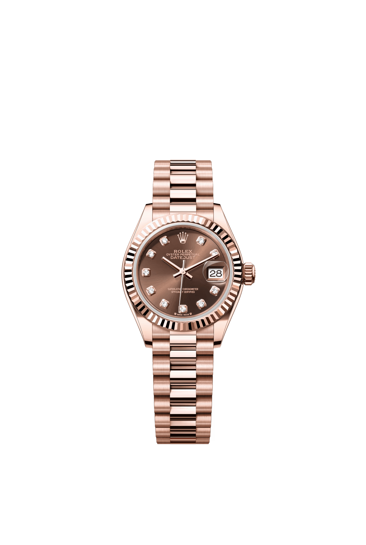 The Oyster Perpetual Lady-Datejust in 18 ct Everose gold with a chocolate-coloured diamond-set dial and a President bracelet. -m279175-0016 28mm