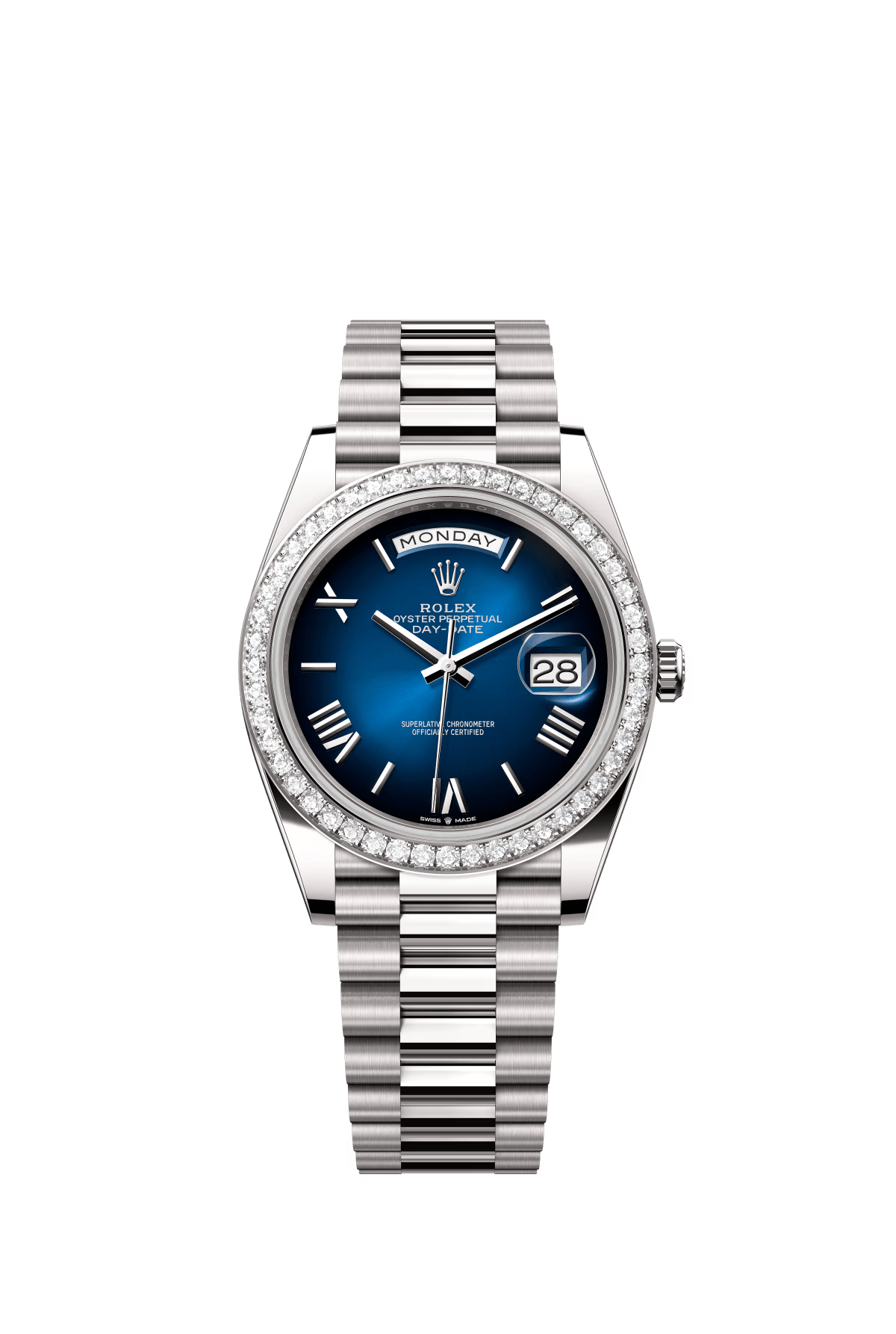 The Oyster Perpetual Day-Date 40 in 18 ct white gold with a graduated blue dial, diamond-set bezel and President bracelet. -m228349rbr-0045