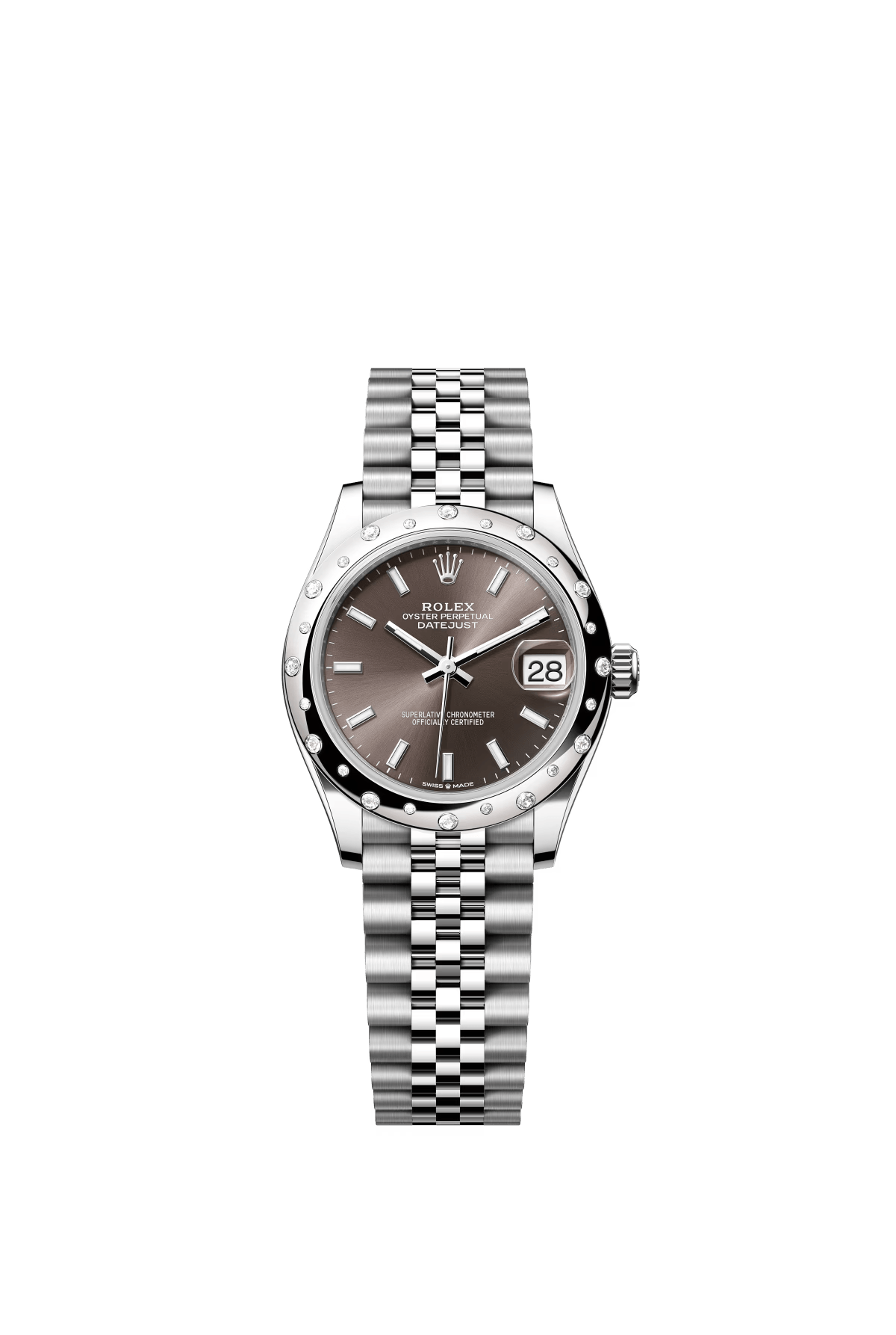 The Oyster Perpetual Datejust 31 is available in white gold and Oystersteel with a dark grey dial and a Jubilee bracelet. -m278344rbr-0018
