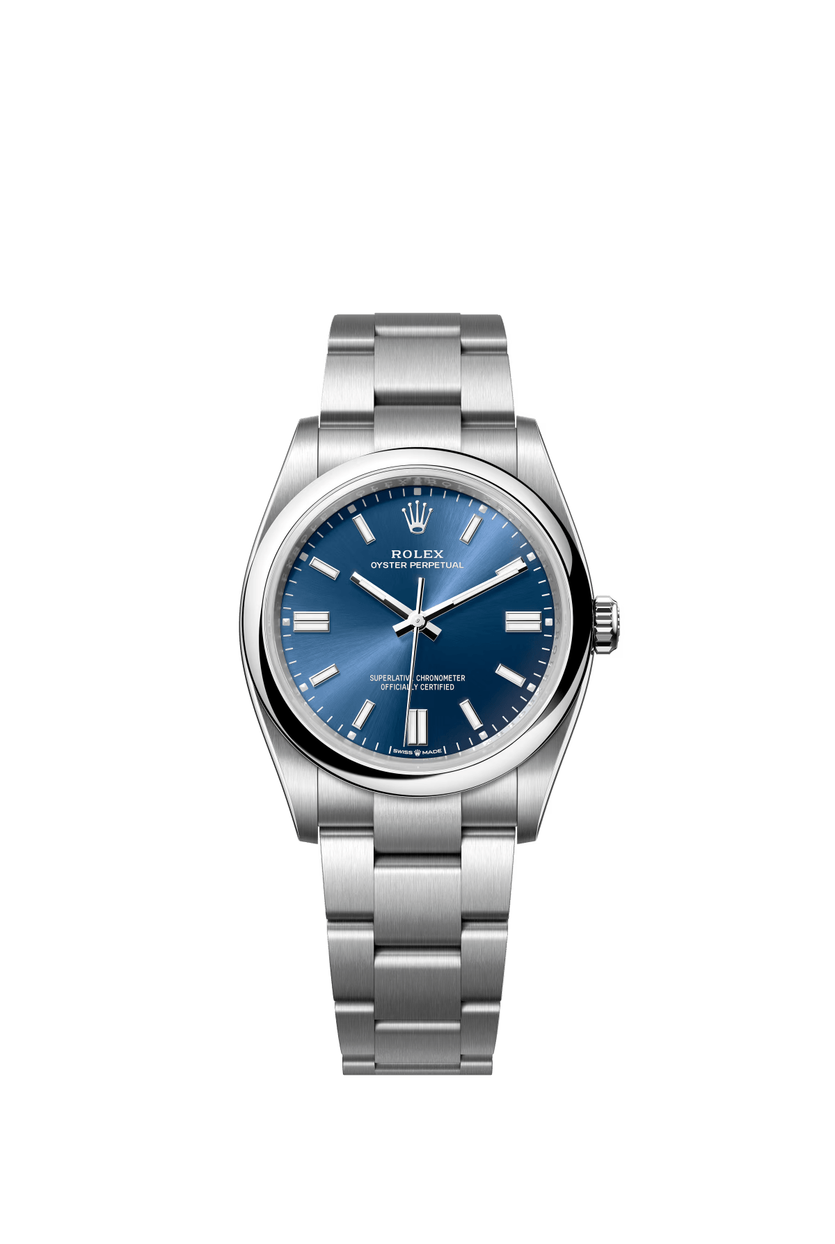 The Oyster Perpetual 36 is presented with a bright blue dial and an Oyster bracelet. -m126000-0003
