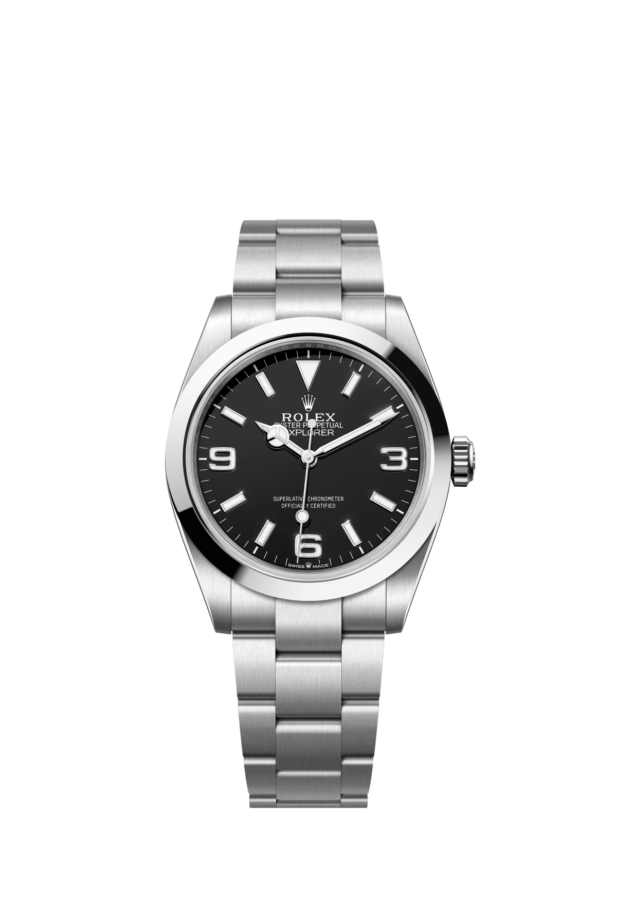 The Oyster Perpetual Explorer 40 is made of Oyster steel with a distinctive black dial featuring the 3, 6 and 9 numerals coated with Chromalight. -m224270-0001