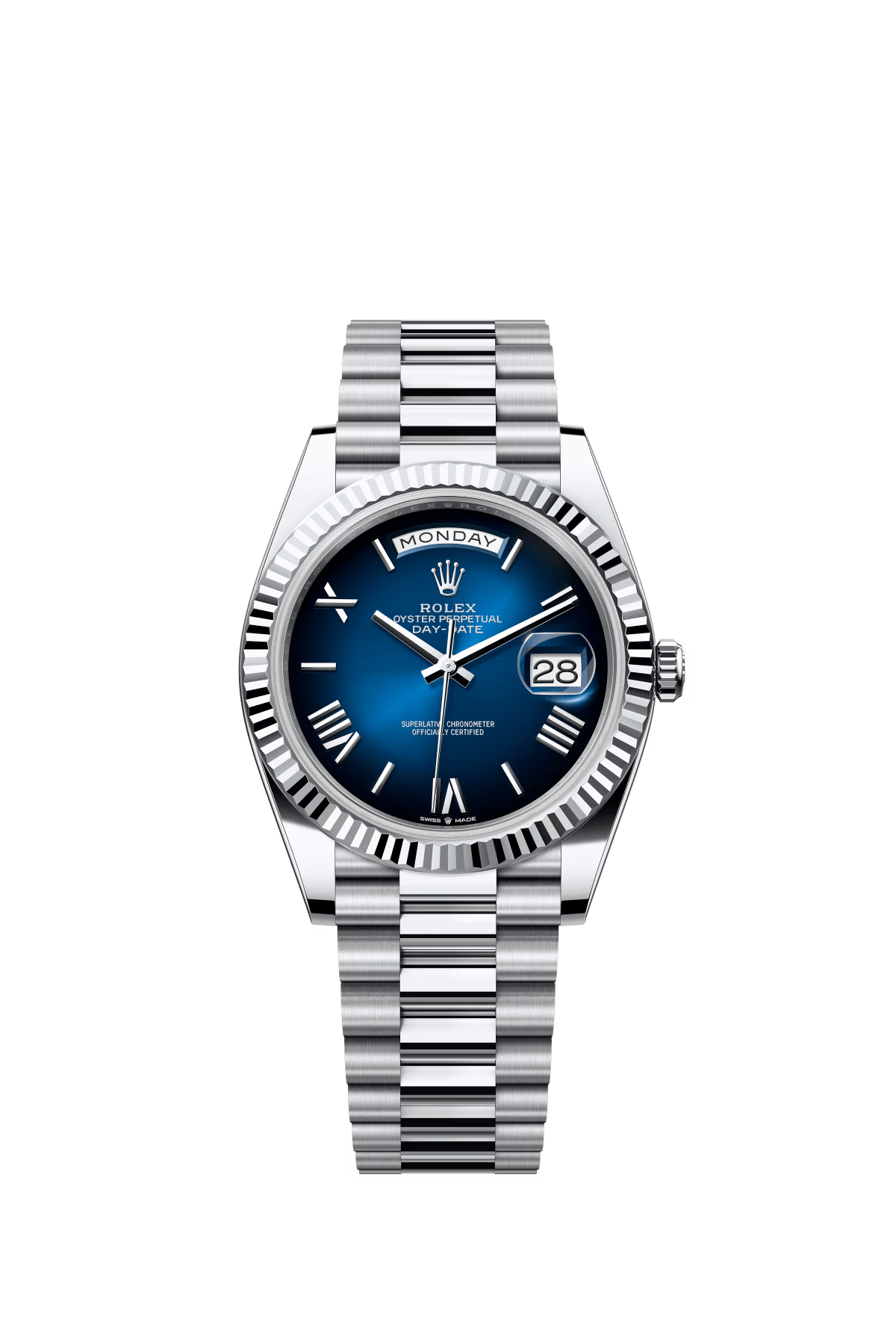 The Oyster Perpetual Day-Date 40 in platinum with a graduated blue dial, fluted bezel and President bracelet. -m228236-0024