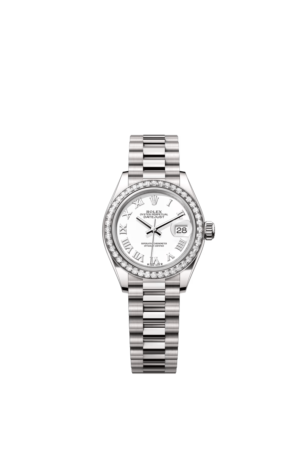 The Oyster Perpetual Lady-Datejust in 18-carat white gold with a white dial and President bracelet. -m279139rbr-0013 28mm