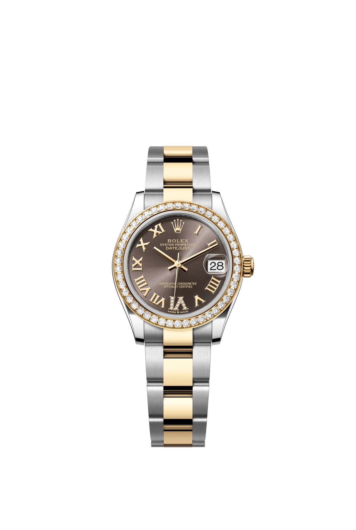 The Oyster Perpetual Datejust 31 is available in yellow gold and Oysteel, with a dark grey diamond-set dial and an Oyster bracelet. -m278383rbr-0017