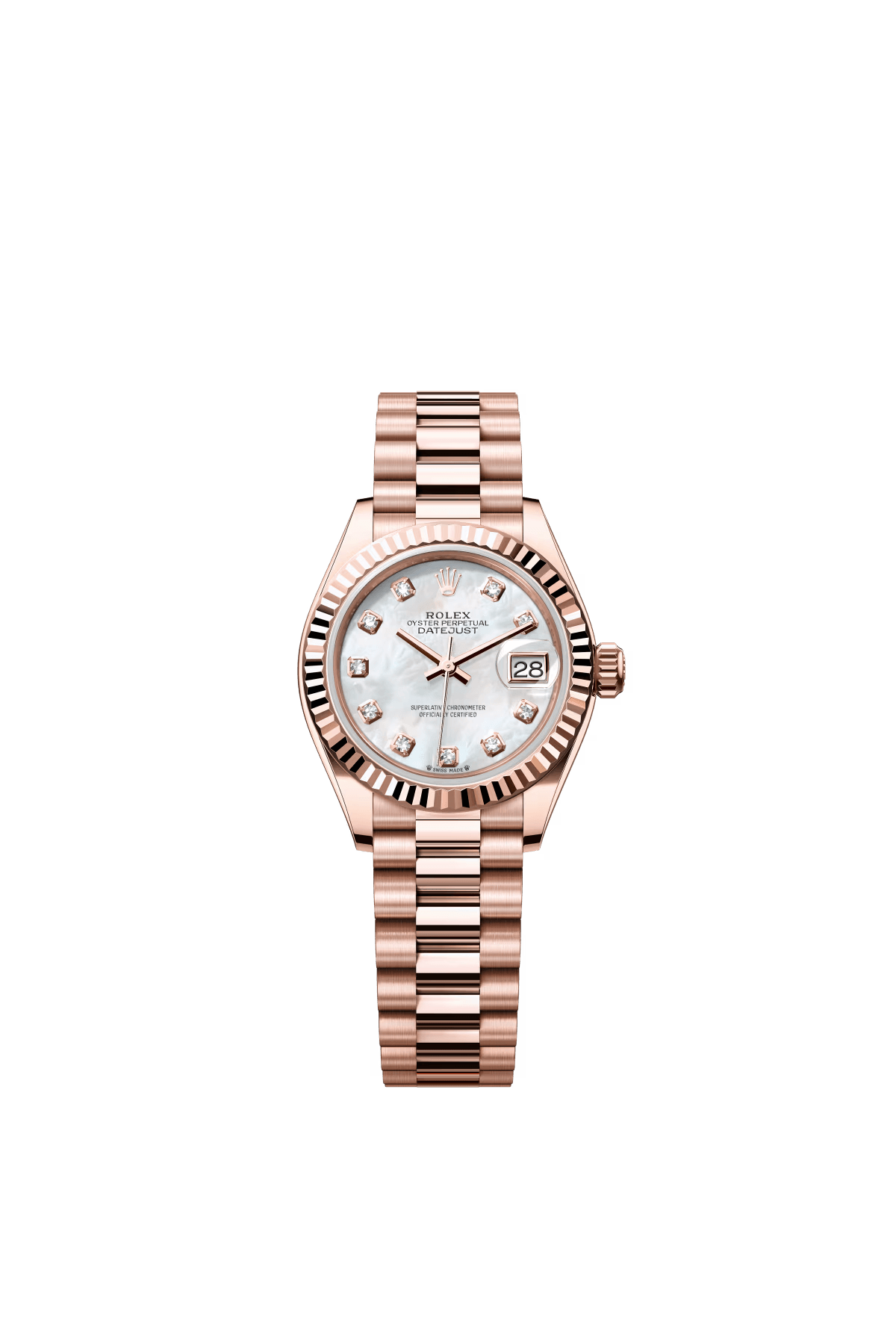The Oyster Perpetual Lady-Datejust in 18 ct Everose gold with a diamond-set white mother-of-pearl dial and a President bracelet. -m279175-0017 28mm