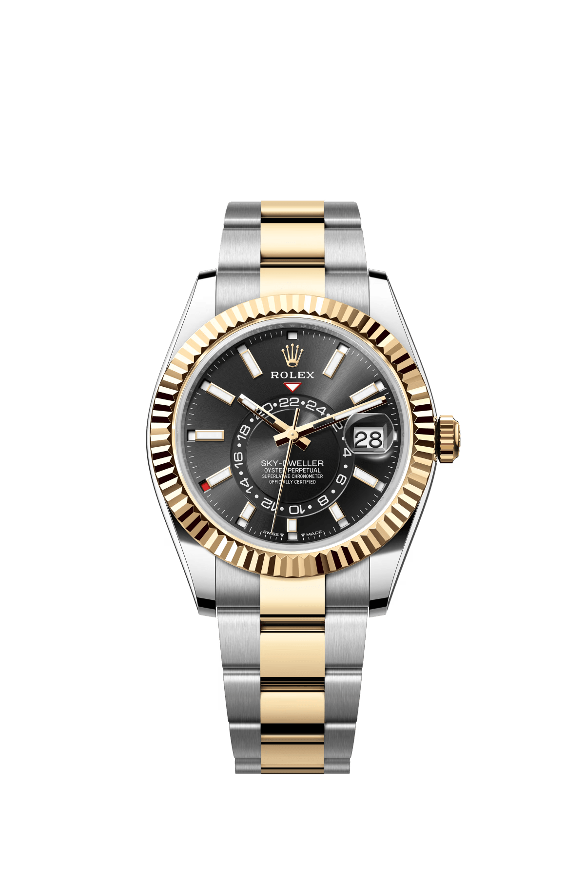 The Oyster Perpetual Sky-Dweller is available in yellow gold and Oysteel, with a glossy black dial and an Oyster bracelet. -m336933-0003 42mm