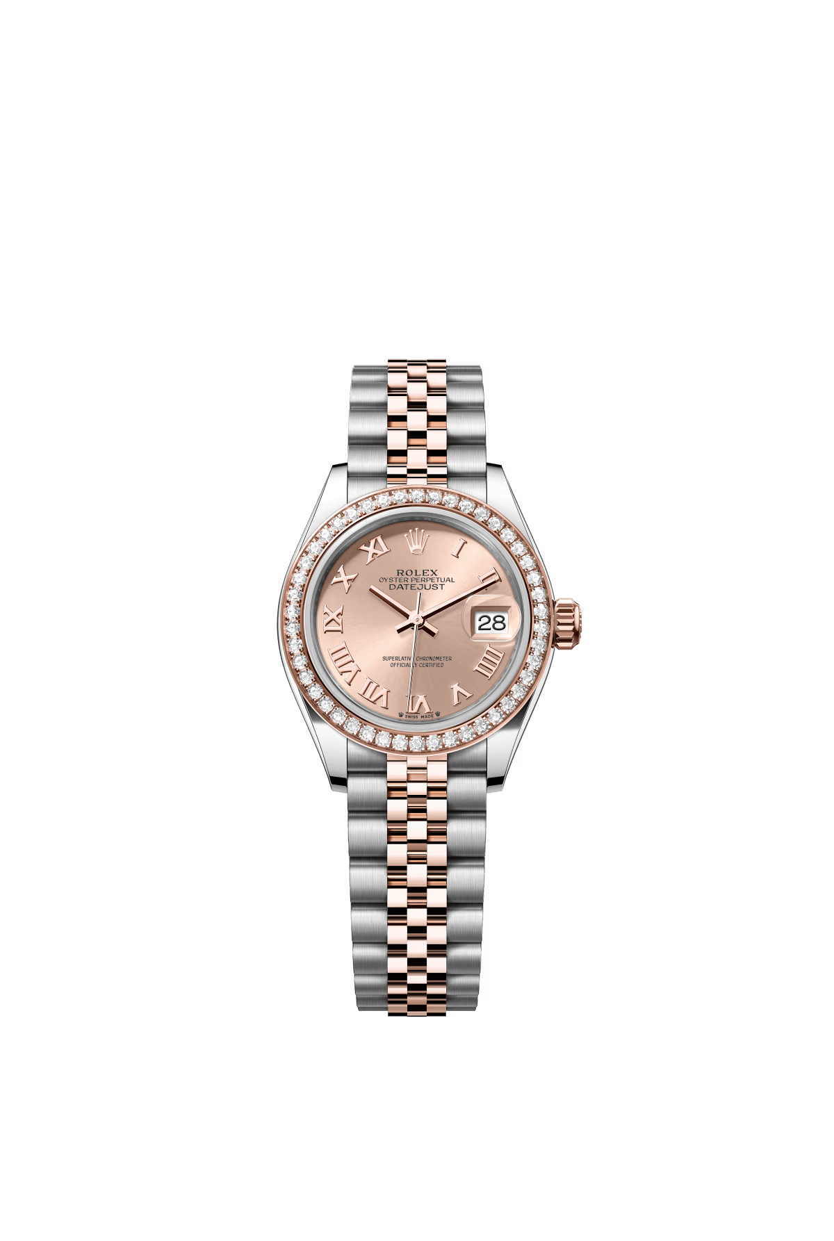 The Oyster Perpetual Lady-Datejust is available in Everose gold and Oystersteel with a rose gold-tone dial and a Jubilee bracelet. -m279381rbr-0025 28mm