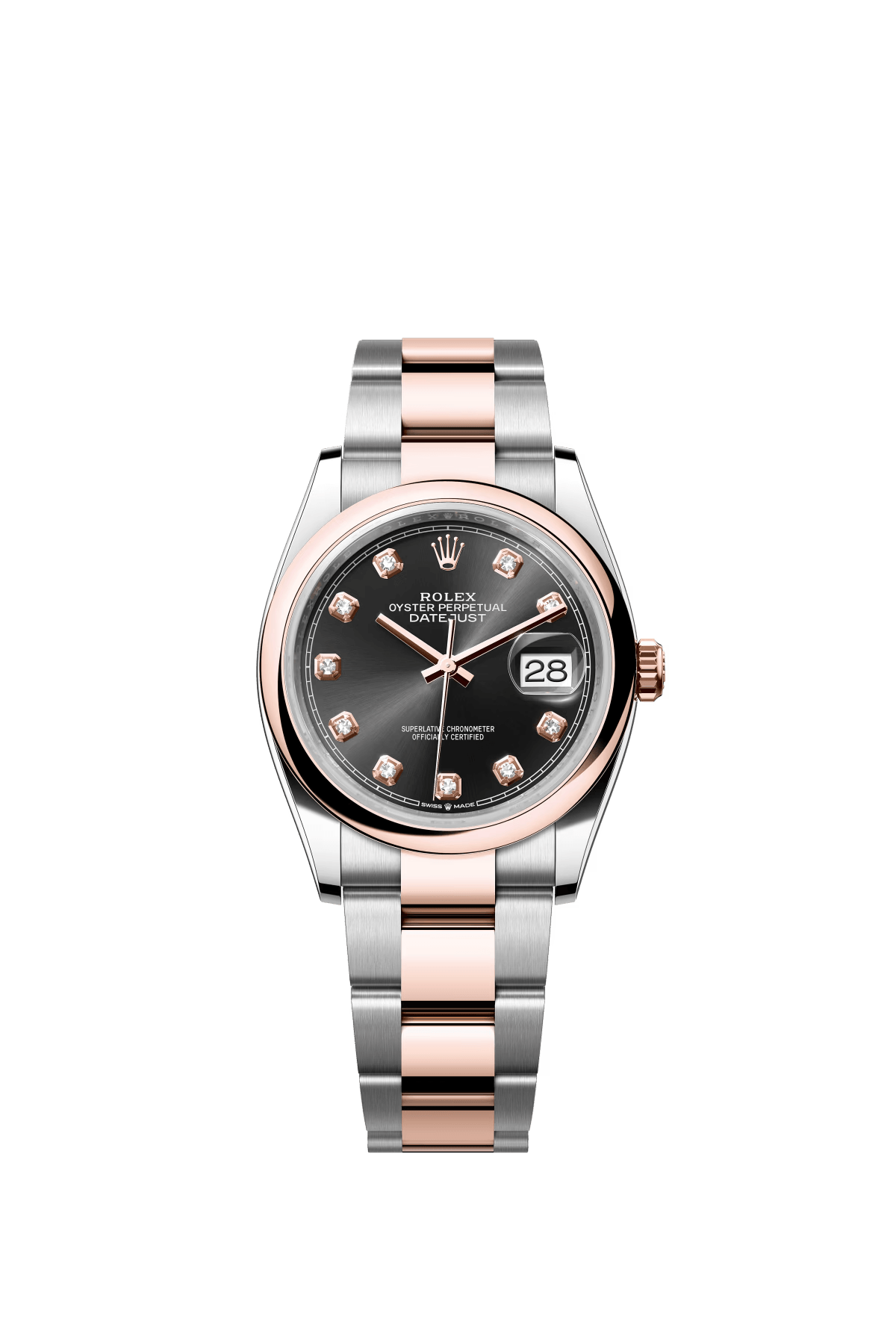 The Oyster Perpetual Datejust 36 is available in Everose gold and Oysteel, with a shiny black diamond-set dial and an Oyster bracelet. -m126201-0020