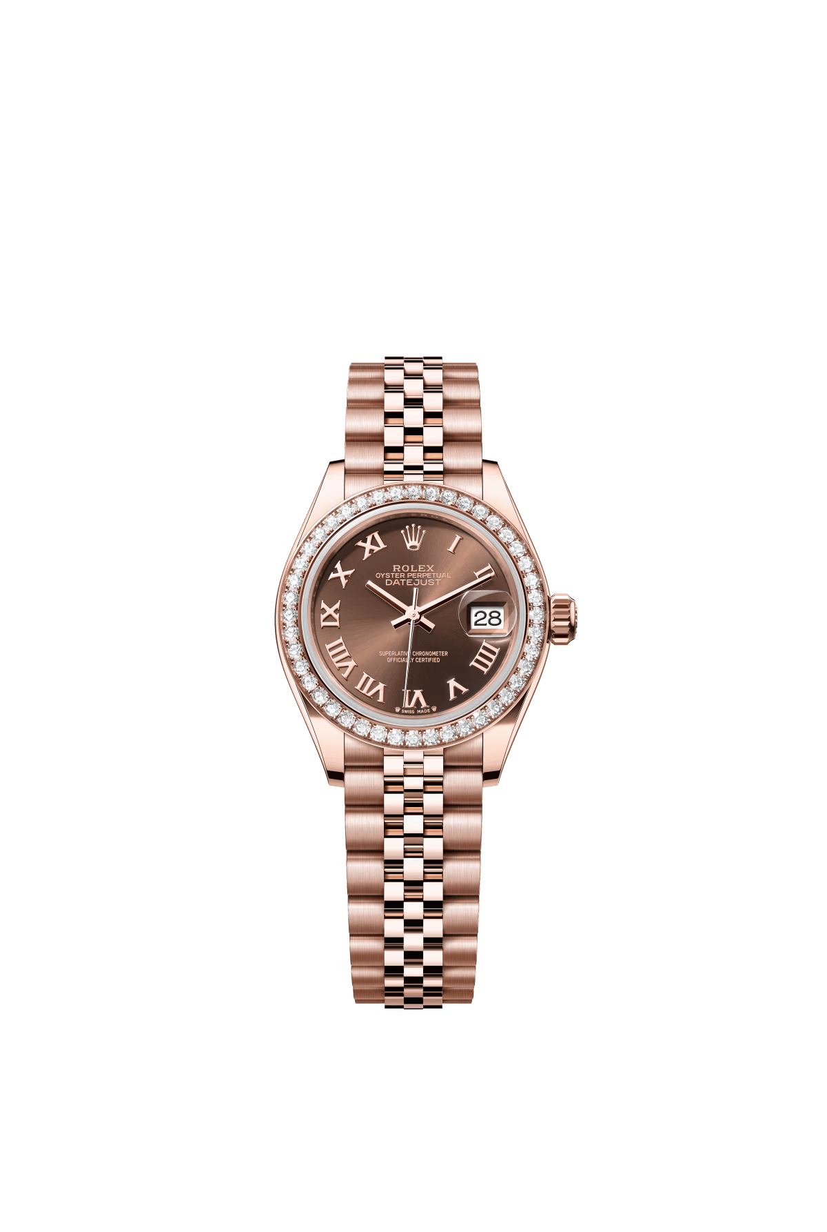 The Oyster Perpetual Lady-Datejust in 18-carat Everose gold with a chocolate-coloured dial and a Jubilee bracelet. -m279135rbr-0012 28mm