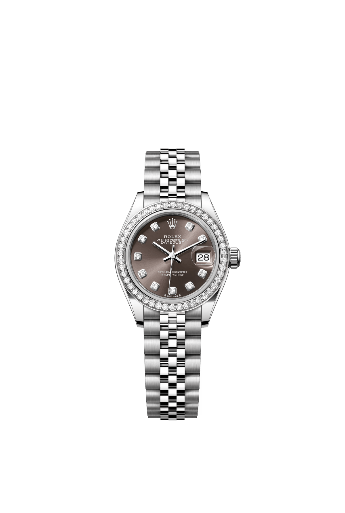 The Oyster Perpetual Lady-Datejust in white gold and Oystersteel with a diamond-set dark grey dial and a Jubilee bracelet. -m279384rbr-0017 28mm