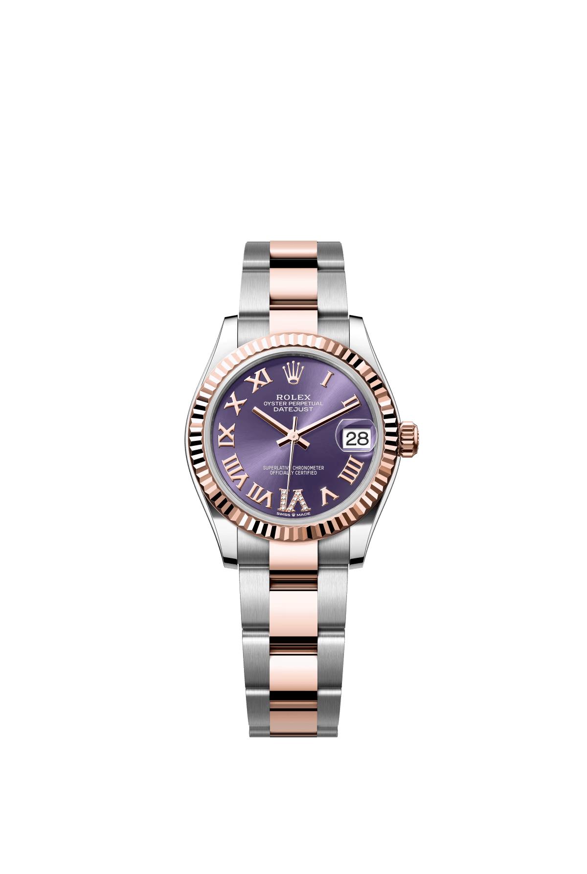 The Oyster Perpetual Datejust 31 is available in Everose gold and Oystersteel, with a diamond-set eggplant purple dial and an Oyster bracelet. -m278271-0019