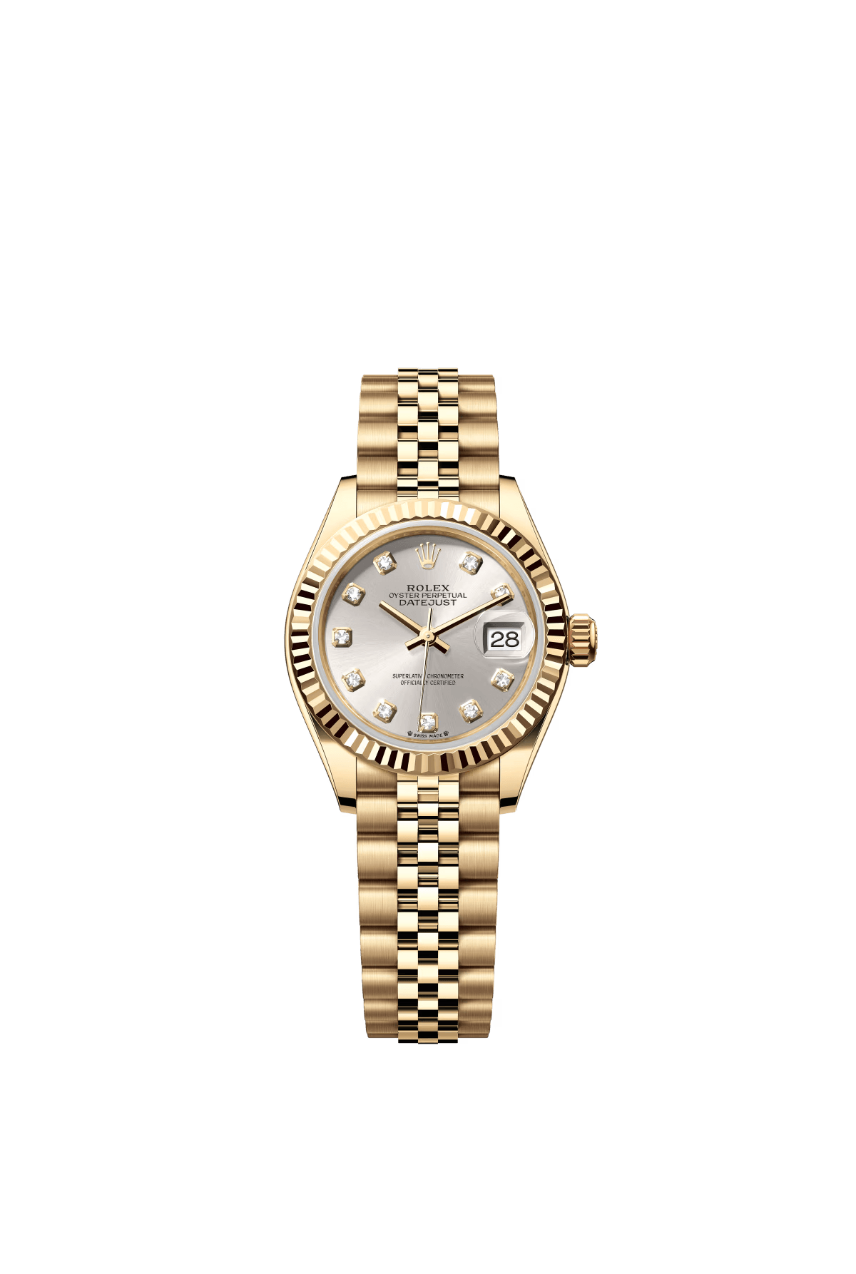 The Oyster Perpetual Lady-Datejust in 18K yellow gold with a silver diamond-set dial and a Jubilee bracelet. -m279178-0016 28mm