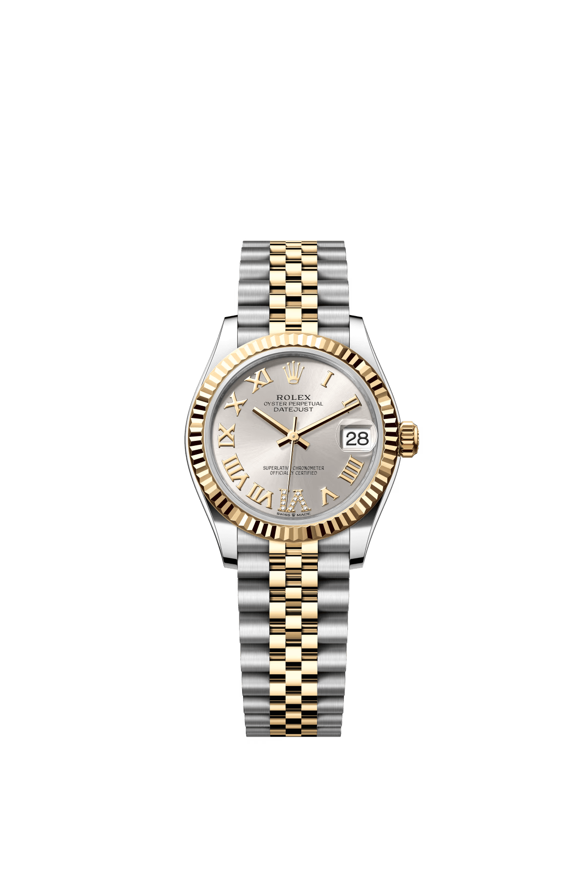 The Oyster Perpetual Datejust 31 is available in yellow gold and Oystersteel, with a silver-toned diamond-set dial and a Jubilee bracelet. -m278273-0004