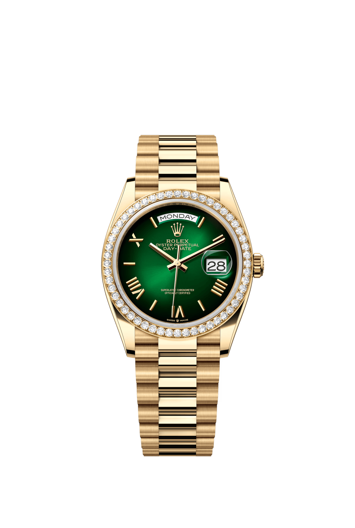 The Oyster Perpetual Day-Date 36 in 18 ct yellow gold with a graduated green dial, diamond-set bezel and President bracelet. -m128348rbr-0068