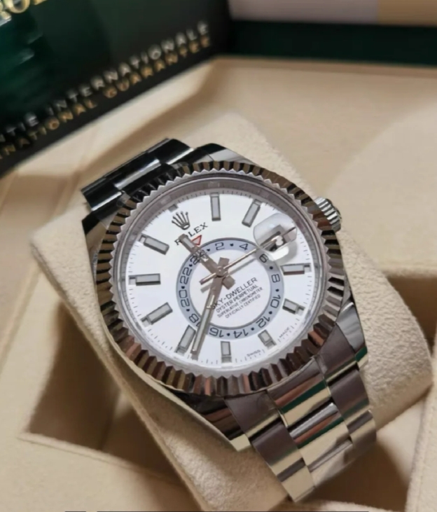 The Oyster Perpetual Sky-Dweller is available in white gold and Oyster steel with a mellow white dial and Oyster bracelet. -m336934-0003 42mm