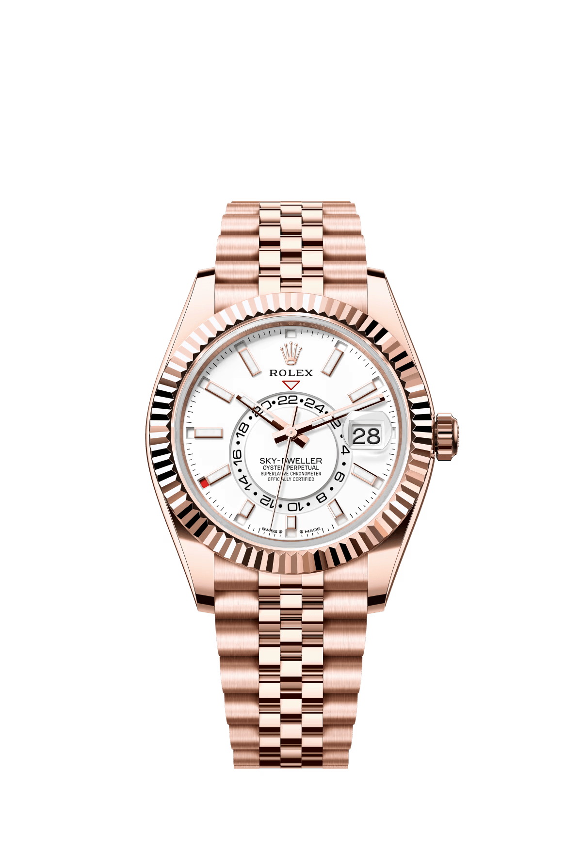 The Oyster Perpetual Sky-Dweller in 18-carat Everose gold with a mellow white dial and a Jubilee bracelet. -m336935-0007 42mm