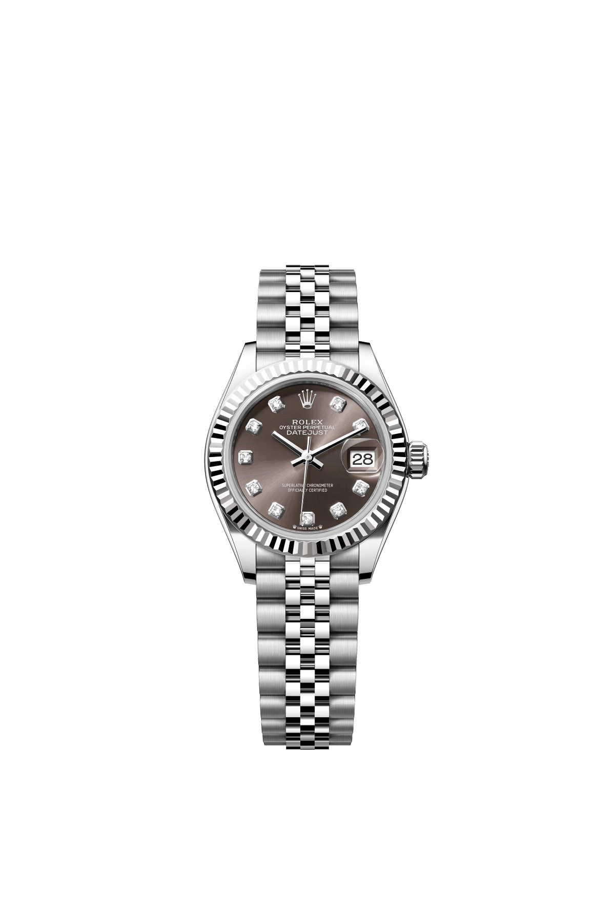 The Oyster Perpetual Lady-Datejust in white gold and Oystersteel with a diamond-set dark grey dial and a Jubilee bracelet. -m279174-0015 28mm