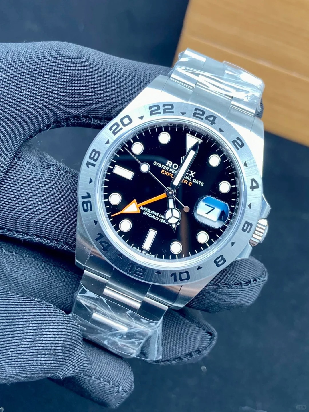 The Oyster Perpetual Explorer II is made of Oyster steel with an Oyster bracelet and a black dial with arrow-shaped 24-hour hands and hour markers coated with Chromalight. -m226570-0002 42mm